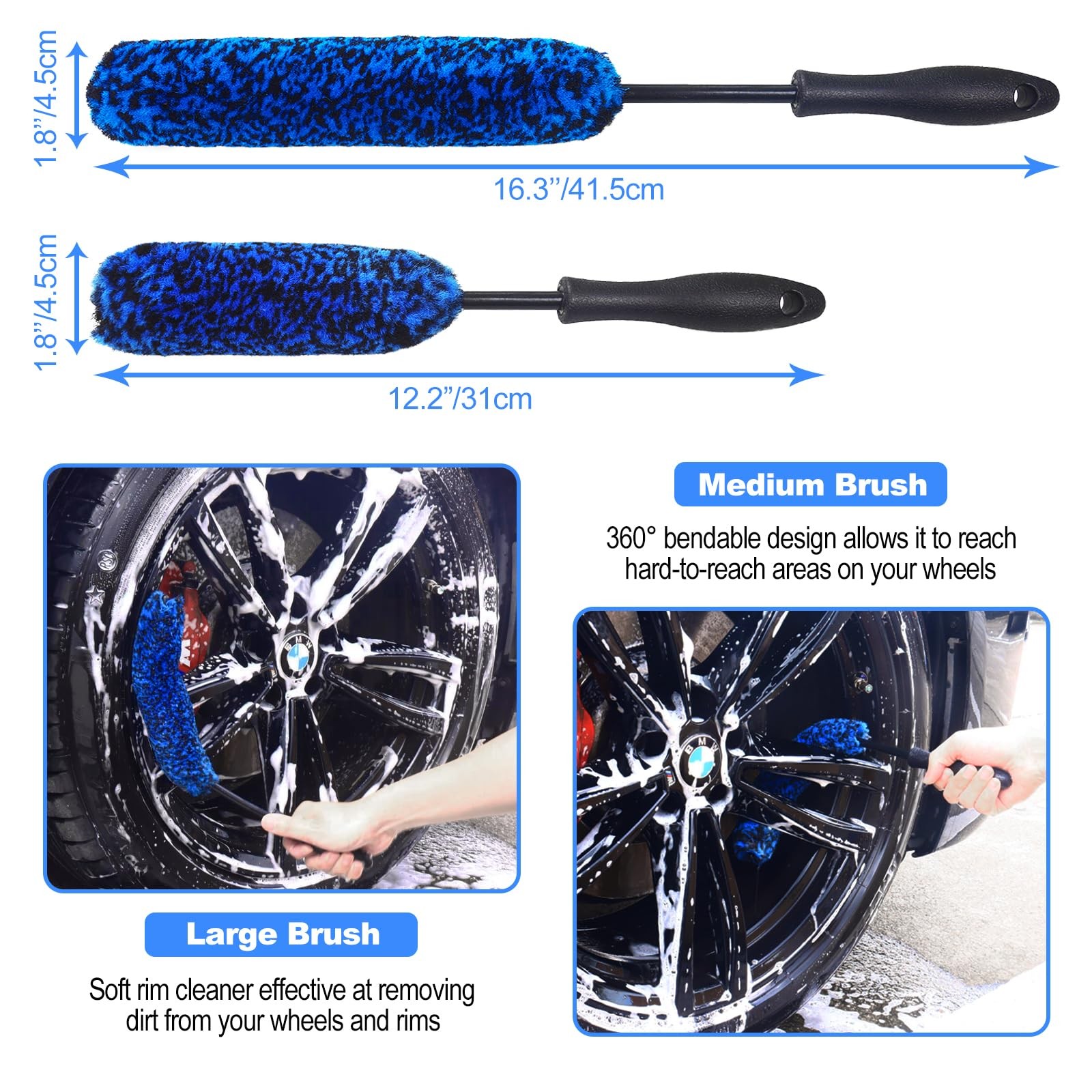 NIKCOSMK 3PCS Wheel Brush Kit for Cleaning and Tire, 3P-BLUE, Blue