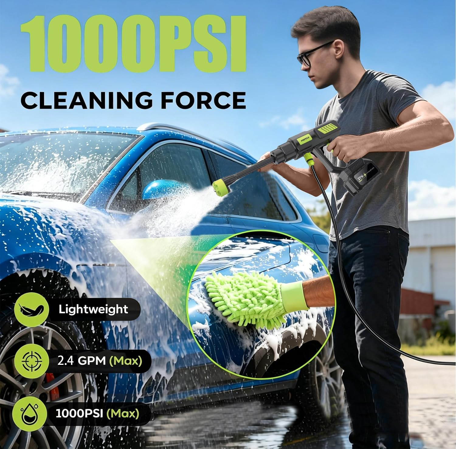 Cordless Car Washer,1000 PSI with Half-Hour Runtime & 6-In-1 Swivel Nozzle, 16.4