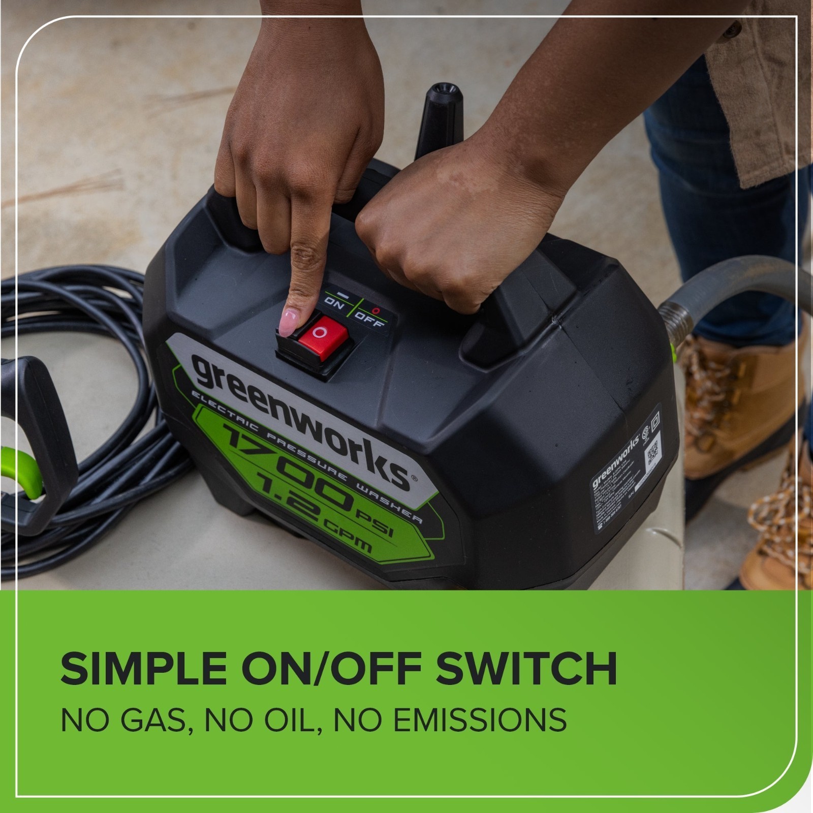 Greenworks 1700 Psi Hand-Carry Pressure Washer PW1603 20Ft Hose 35Ft Cord 2 Nozz