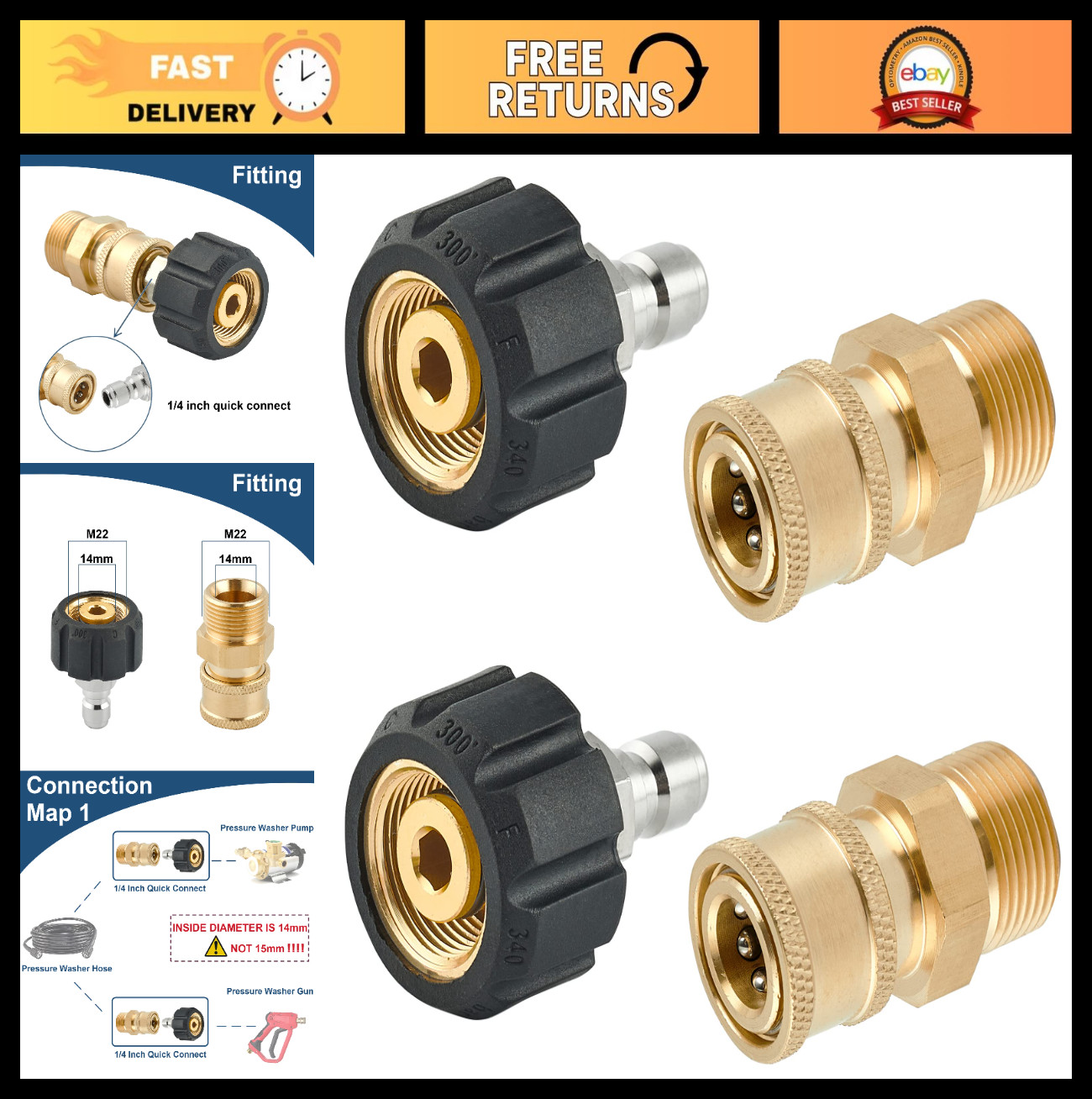 Pressure Washer Quick Connect Fittings Set, M22 14mm to 1/4 Inch Adapter, 4 Piec