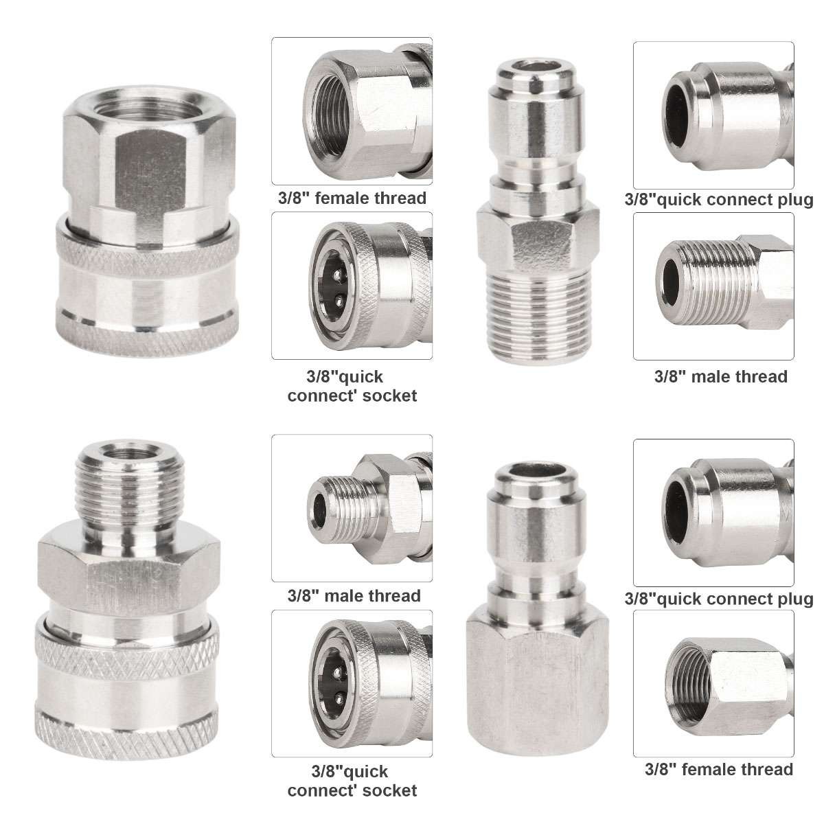 Pressure Washer Hose Connector Adapter Set Quick Connect NPT 3/8 Inch Stainless
