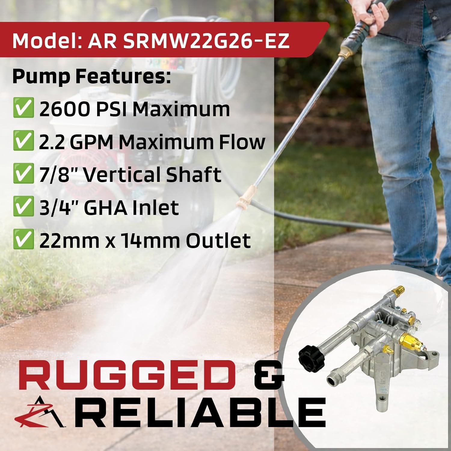 | OEM | AR 2600 PSI 2.2 GPM 7/8″ Shaft Power Pressure Washer Water Pump