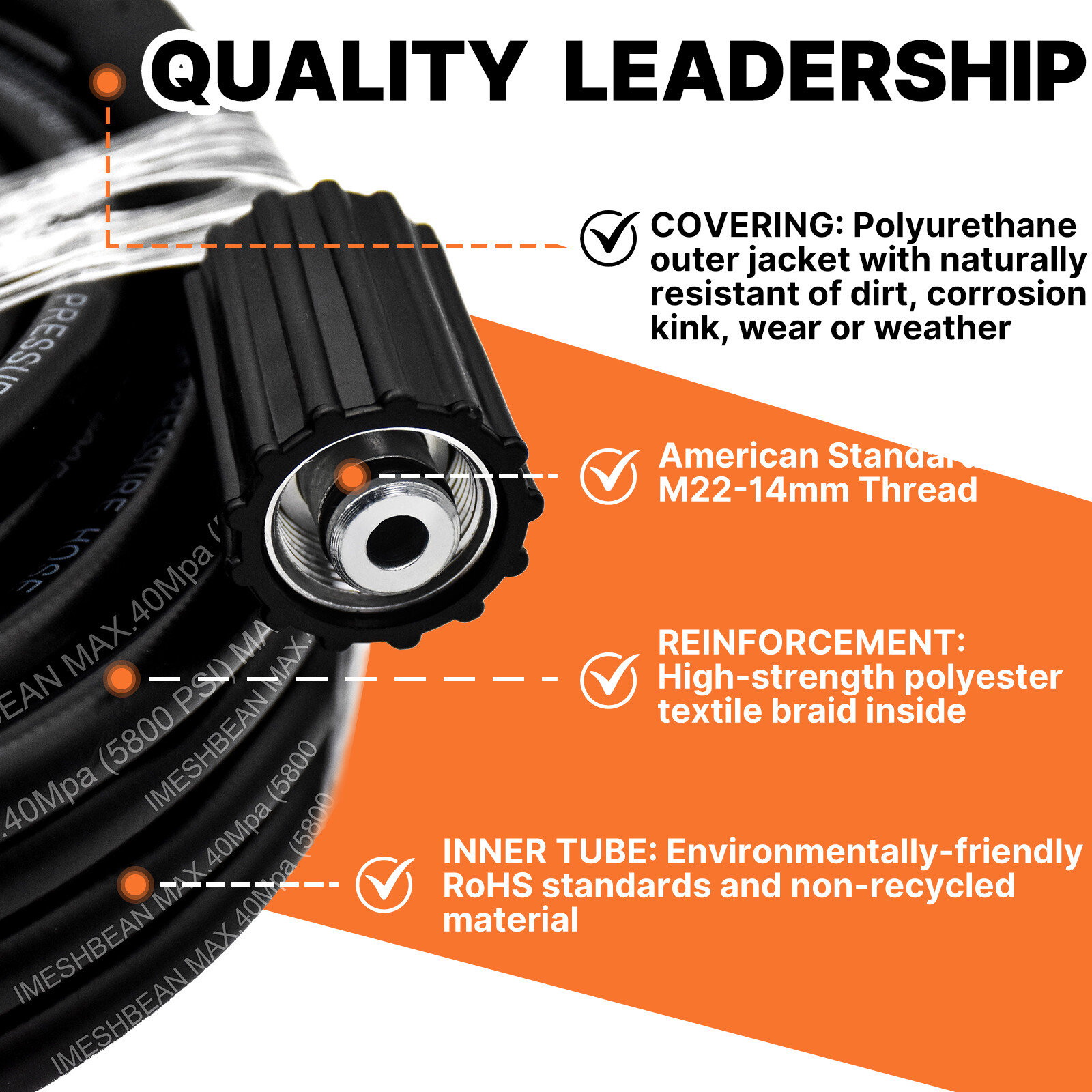 High Pressure Washer Hose 25/50/100′ 5800PSI 3/8″ QC &M22-14mm Extension Tube