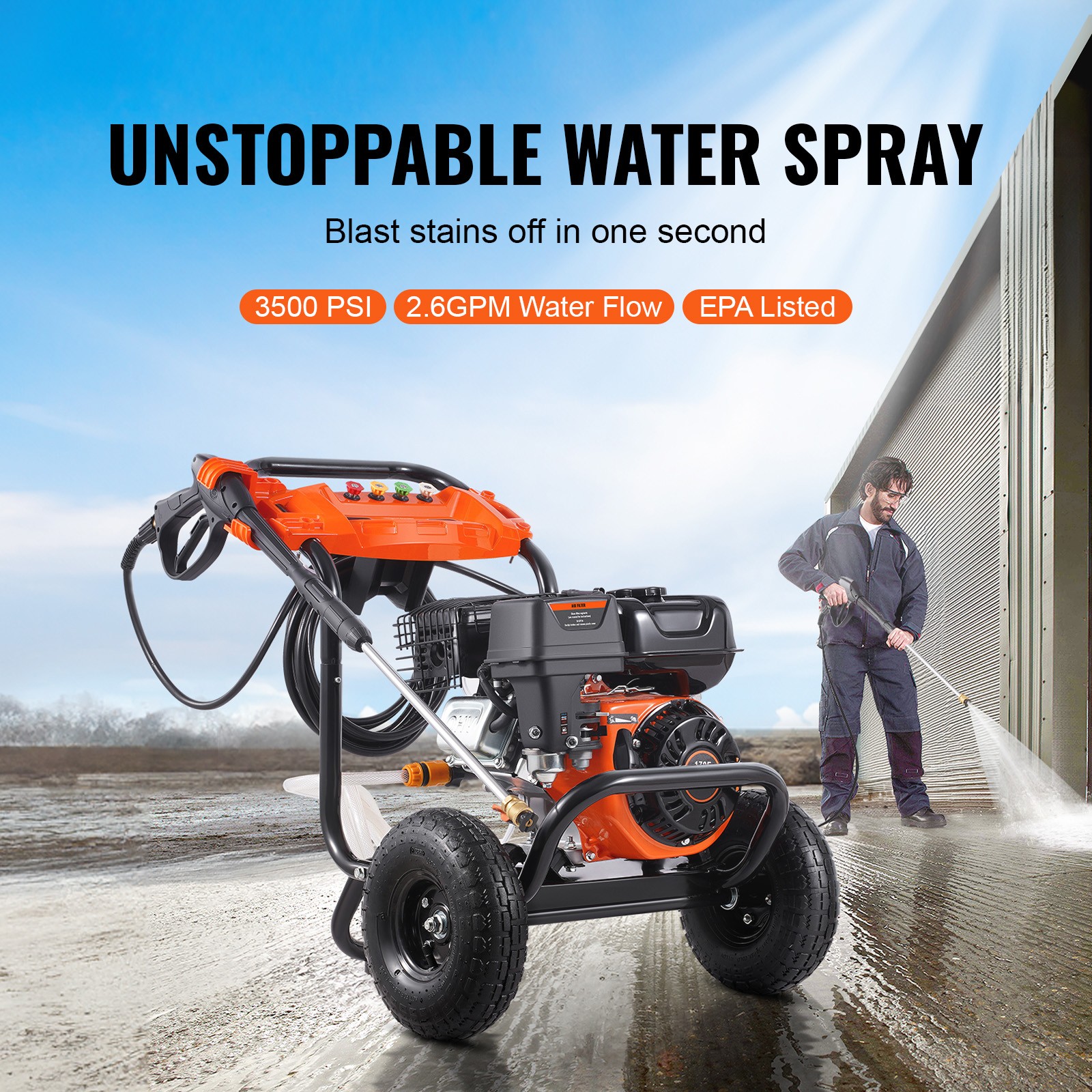 VEVOR Gas Pressure Washer 3500 PSI 2.6 GPM with 5 Nozzle Set for Cars Fences