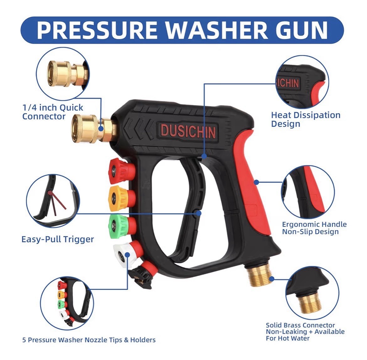 DUSICHIN DUS-220 Short Wand High Pressure Washer Gun,3000 PSI Max, 5 Pressure