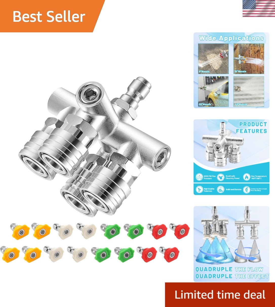 Quadruple Pressure Washer Tips, 4 in 1 Power Washer Nozzle, 4 Nozzle for Pres…