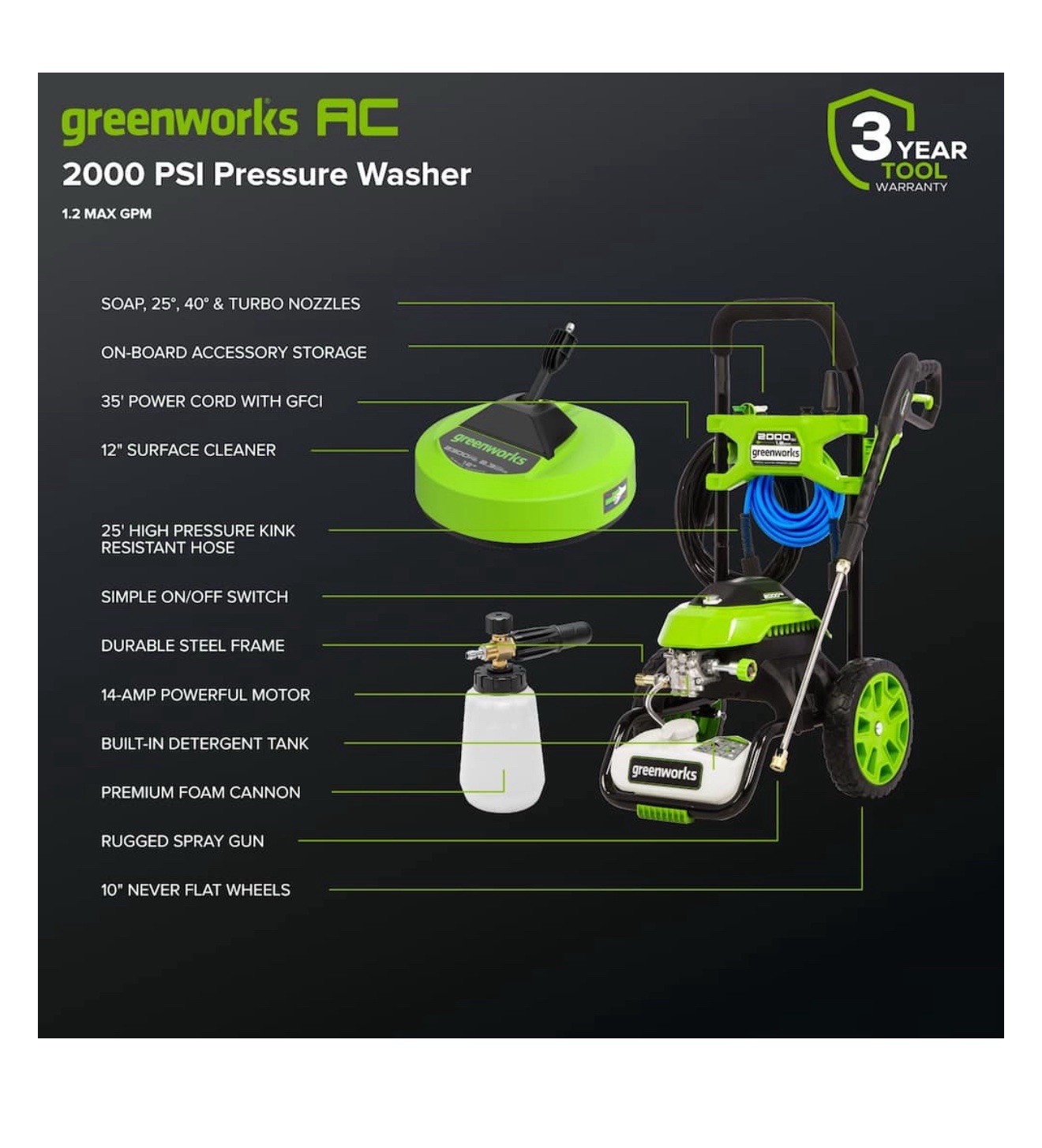 Greenworks – 2000PSI Power Washer with Foam Gun and 12″ Surface Cleaner Green