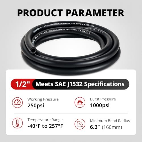 10FT Transmission Cooler Hose 10FT, SAE J1532 250 PSI Power Steering 1/2 10FT