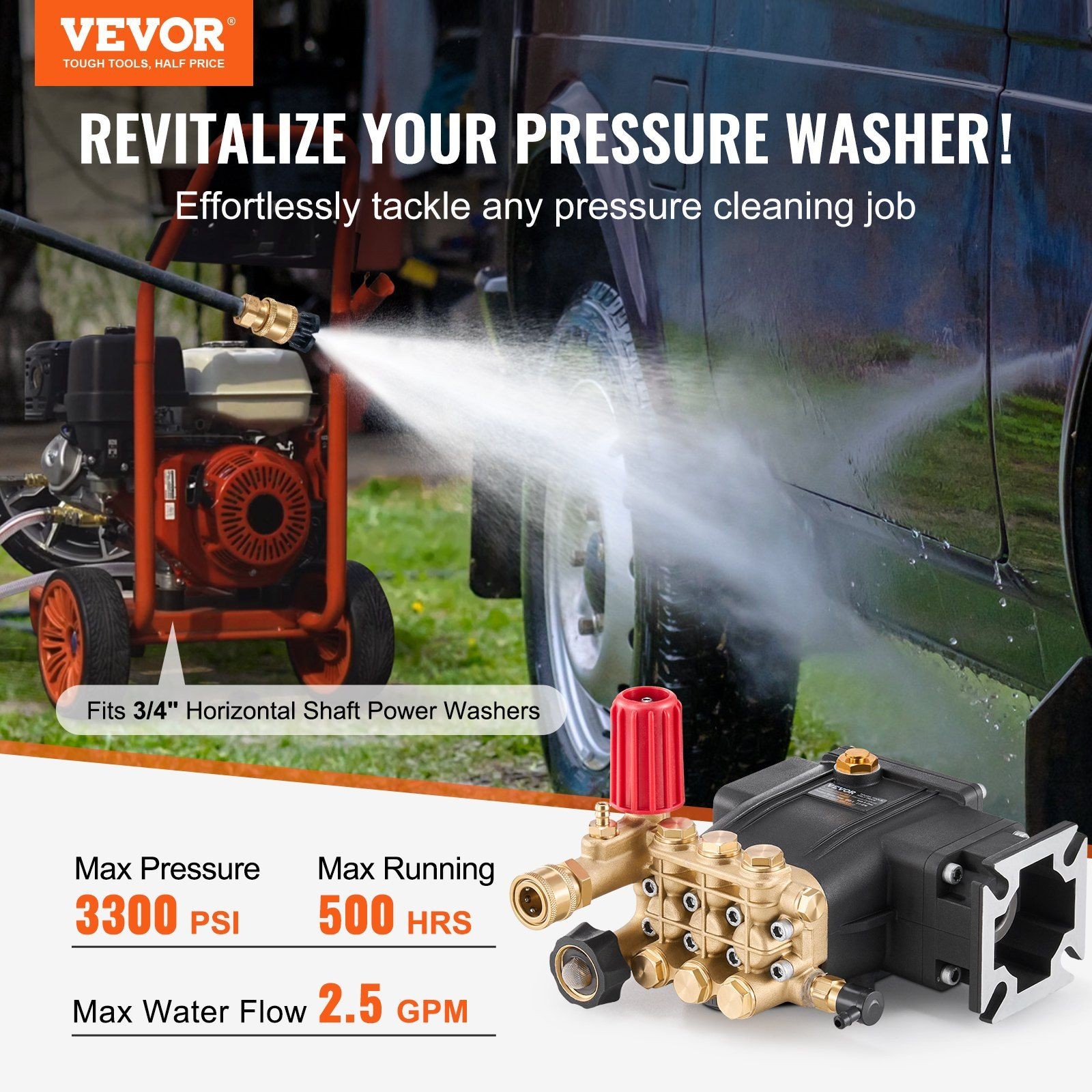 Triplex Plunger Pressure Washer Pump: 3300 PSI, 2.5 GPM, 3/4″ Shaft