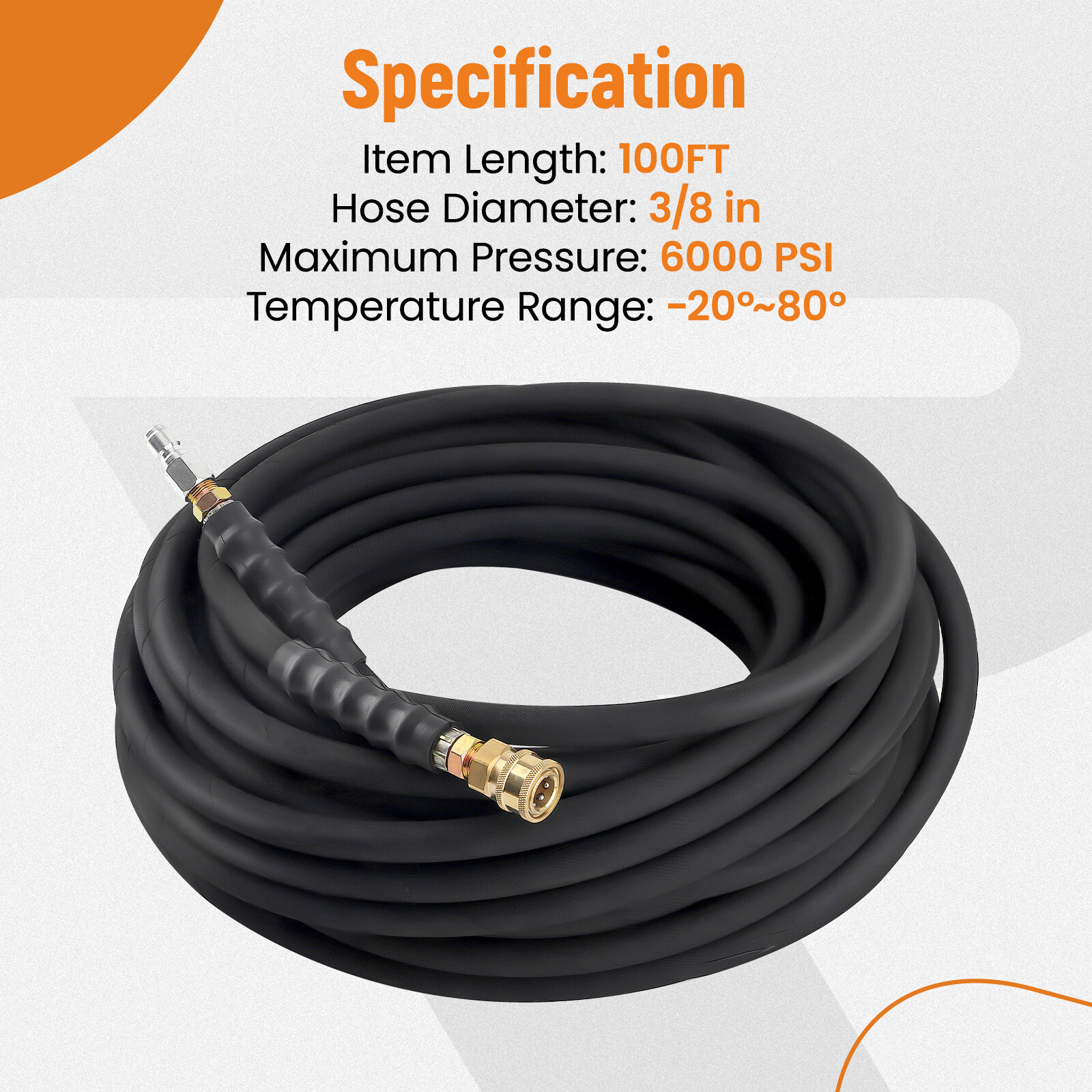 Non-Marking 2-Braid R2 HighTem Water Pressure Washer Hose 3/8″ x 100ft 6000psi