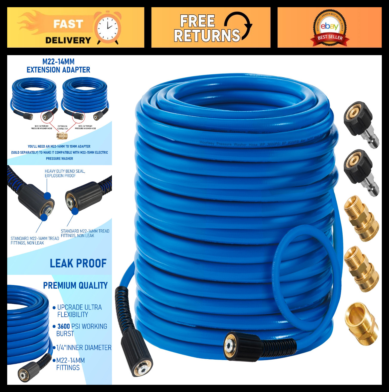 100FT Pressure Washer Hose 3600 PSI, Kink Resistant, Quick Connect M22 x 3/8″ Ex