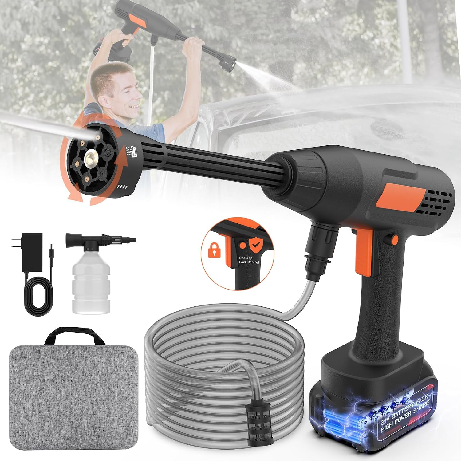Cordless Pressure Washer Battery Powered 1100PSI Portable Power Washer Gun with