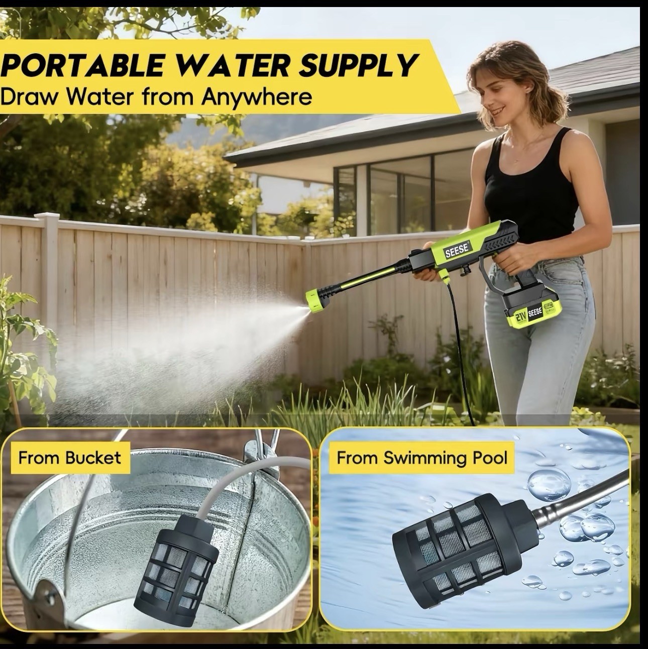 SEESE 21V Cordless Portable Pressure Washer 1000 PSI Water Gun Kit Battery