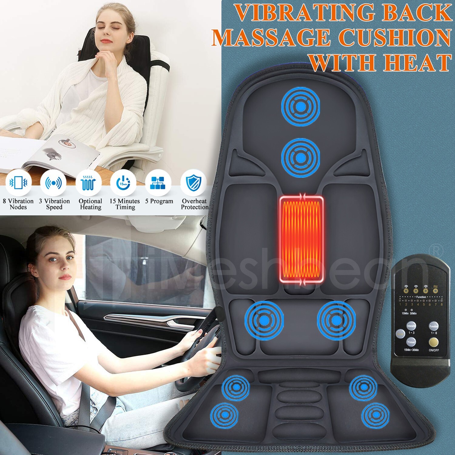 Back&Neck Massager for Chair-Vibration kneading Massage Seat Cushion Pad w/ Heat