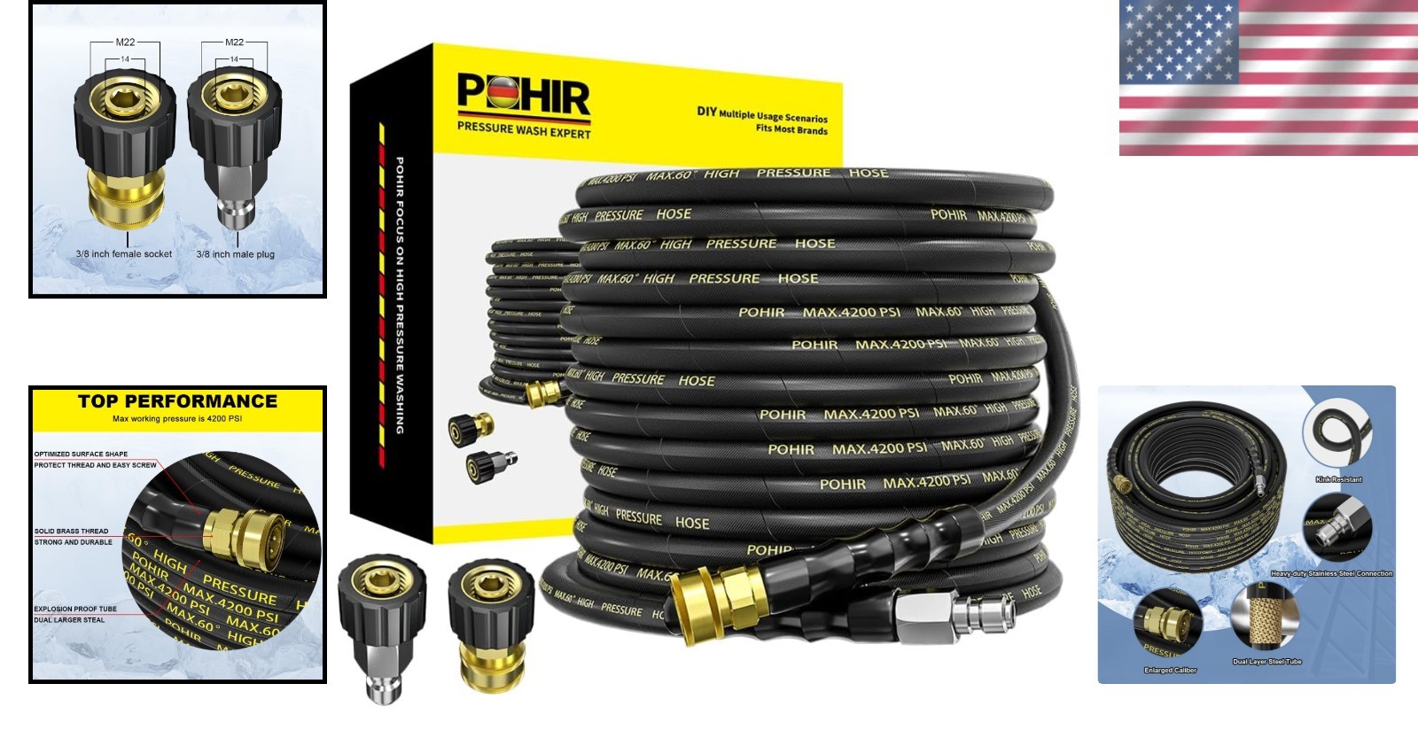 Pressure Washer Hose 50 ft Steel Wire Braided Kink Resistant 4200 PSI
