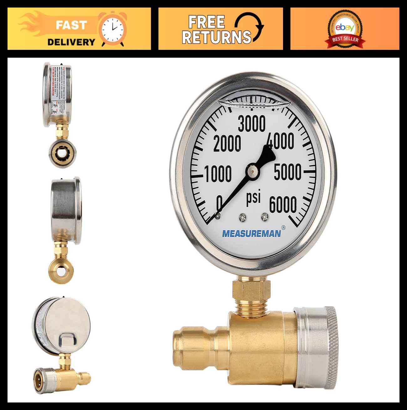 2-1/2″ Pressure Washer Gauge Kit, 3/8″ Quick Connect, 0-6000 PSI, Glycerin Fille