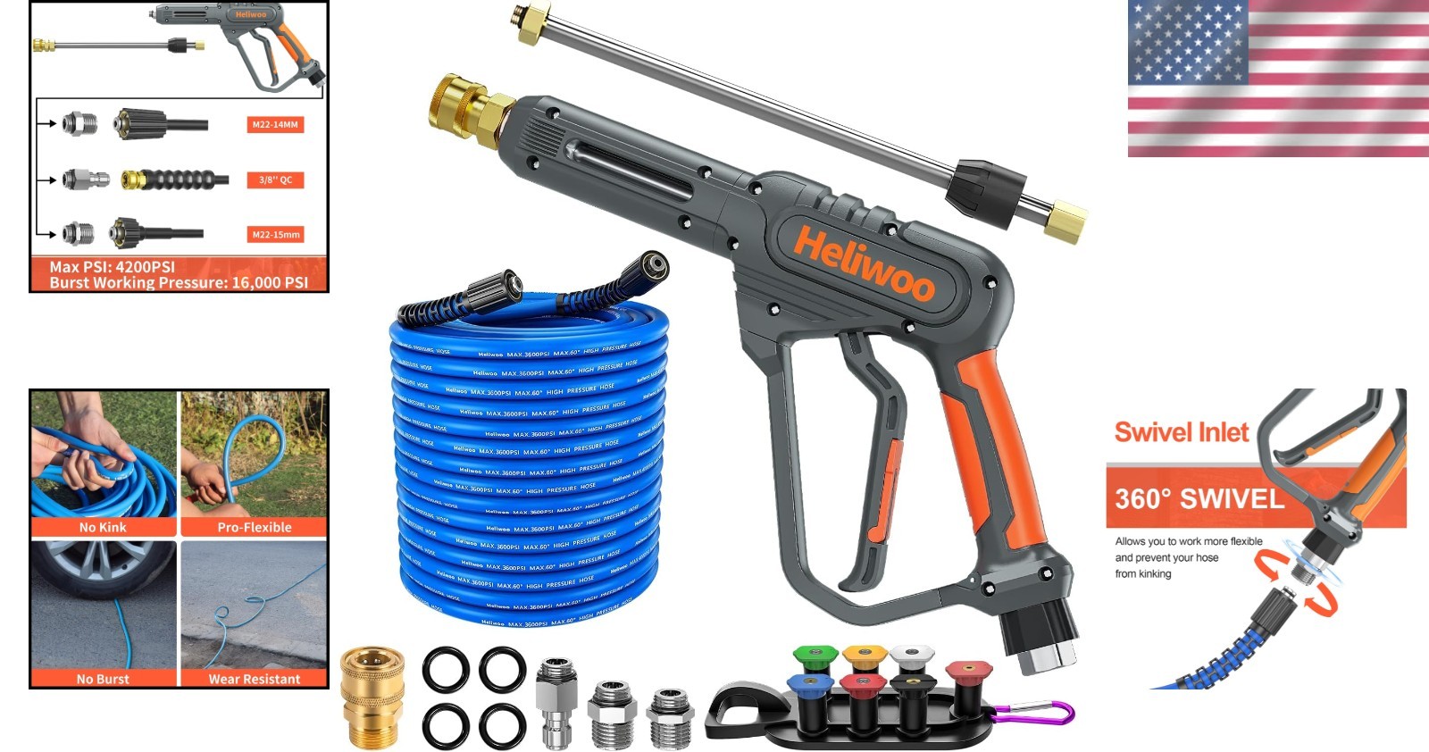 50FT Power Washer Hose with Flexible Extension Wand & 3600 PSI Gun for Easy Use