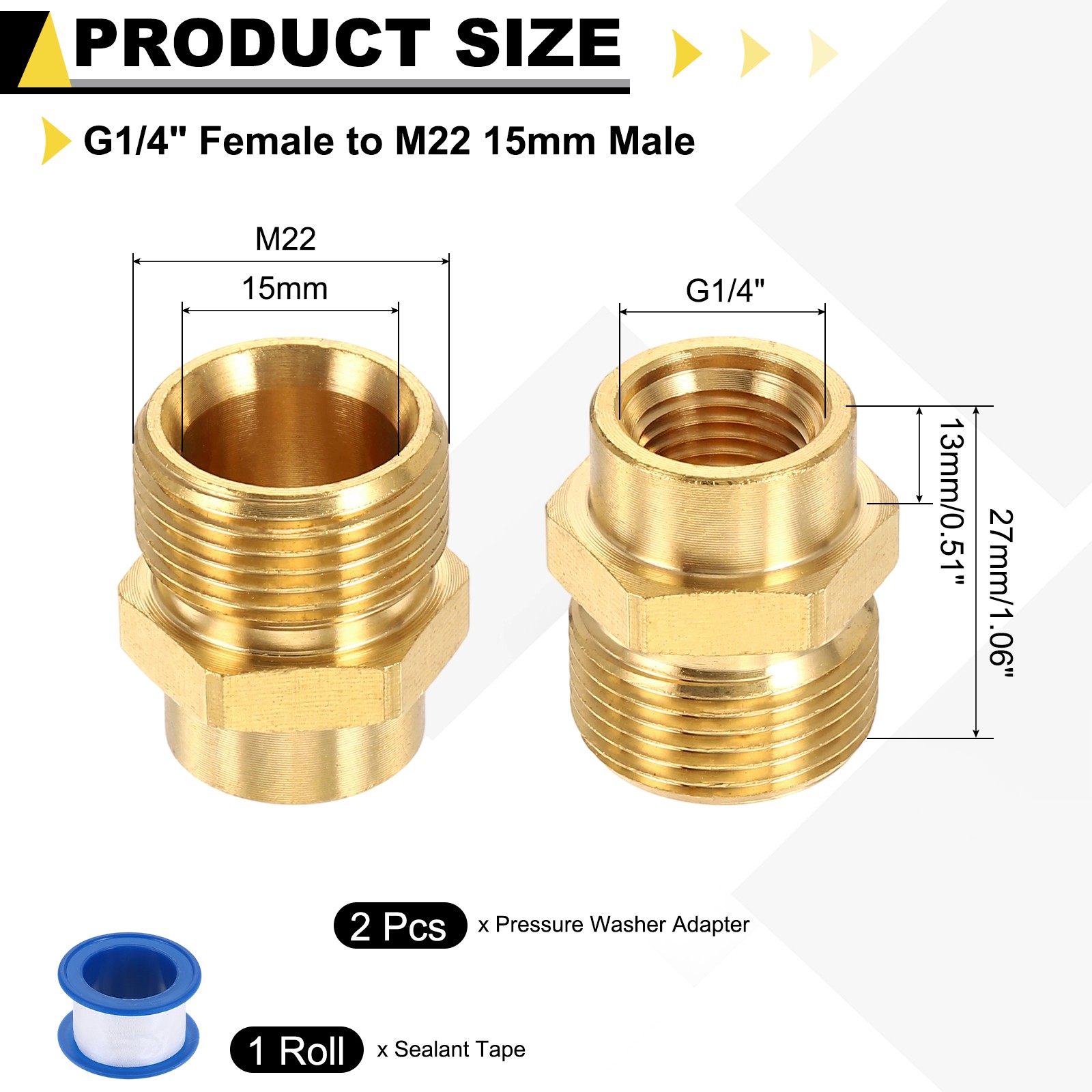 2Pcs Pressure Washer Adapter with Tape, G1/4″ Female to M22 15mm Male Brass