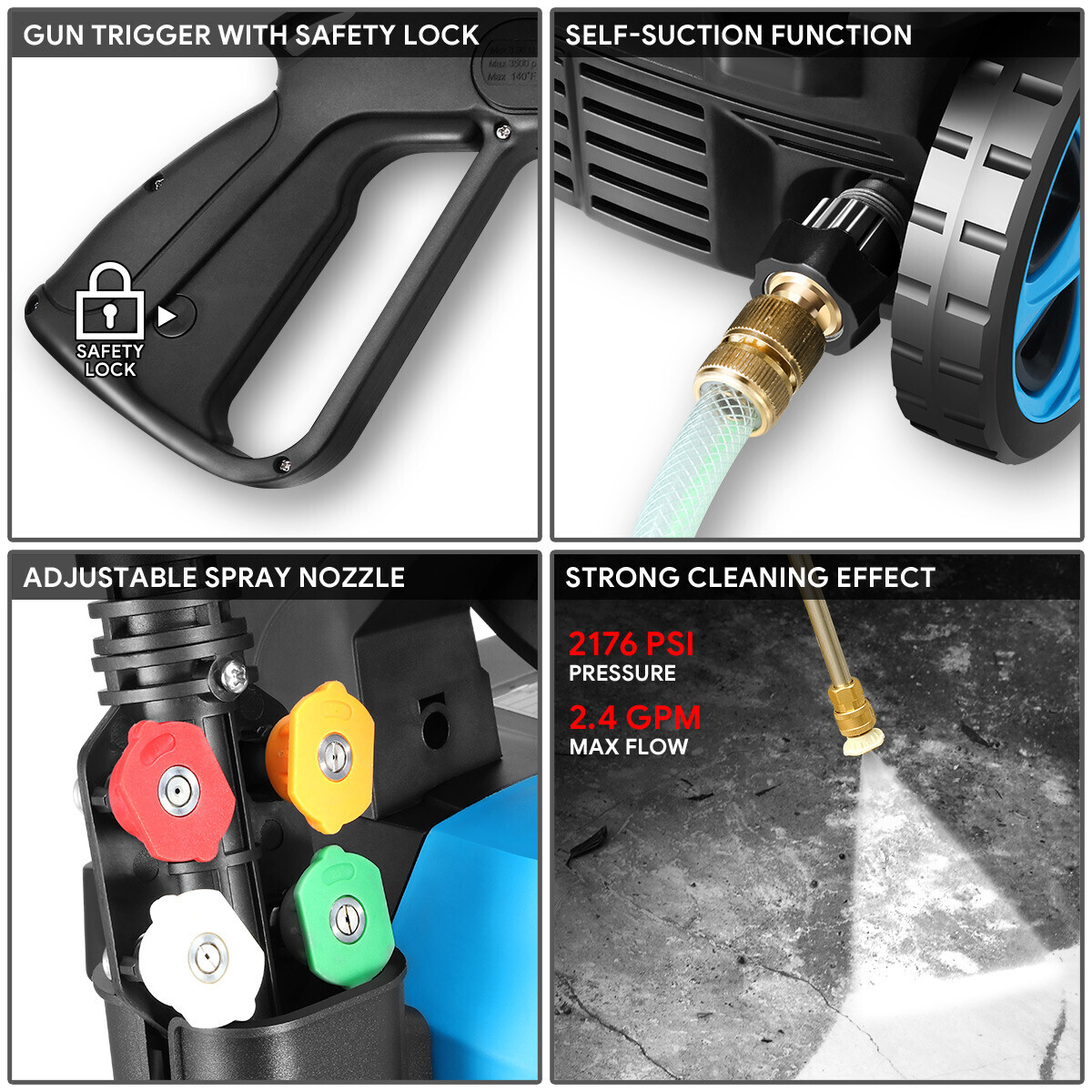 2176PSI 2.4 GPM Portable Electric Pressure Washer High-Power Car Cleaner Machine