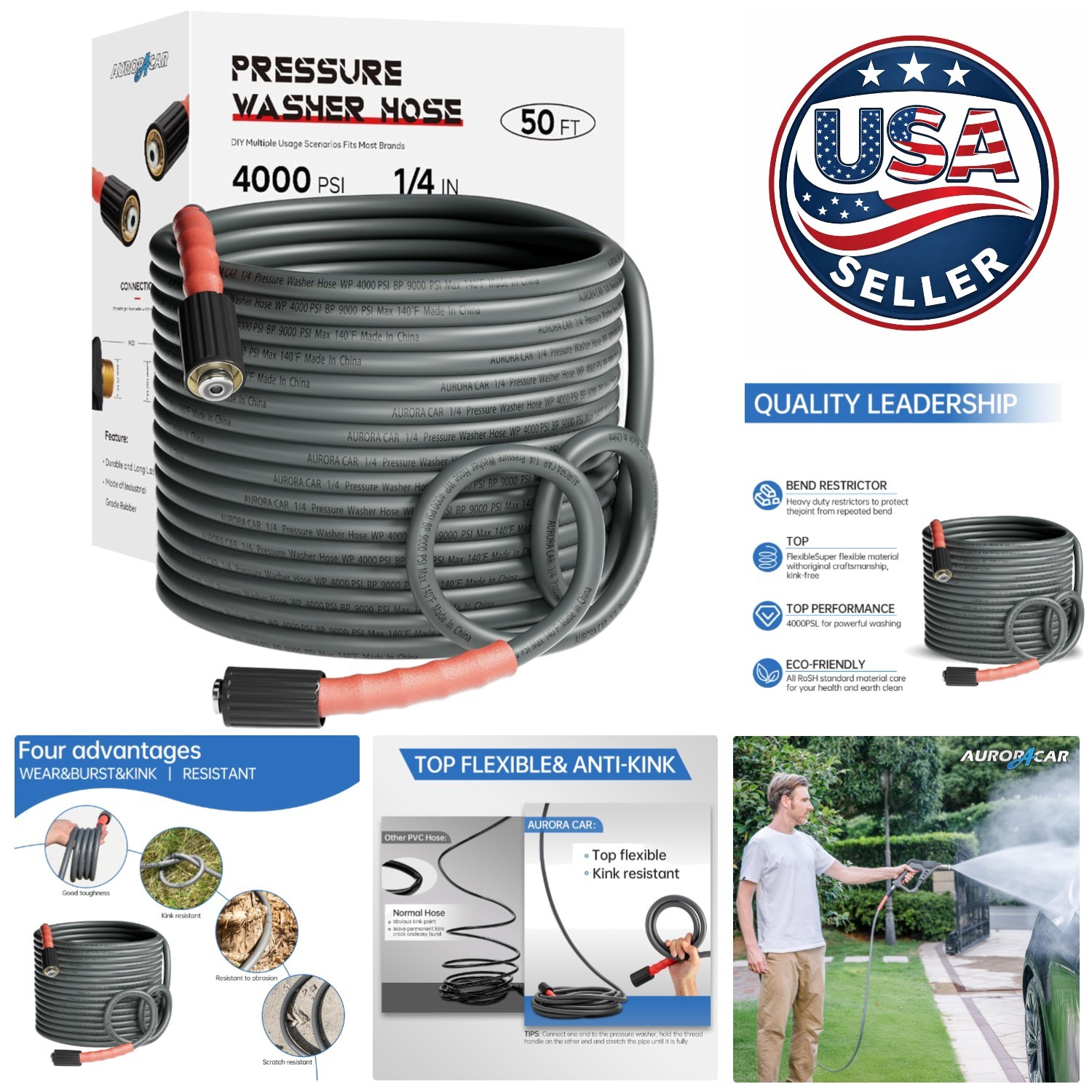 Versatile 50FT Kink Resistant Hose for Pressure Washers – 4000 PSI, Easy Storage