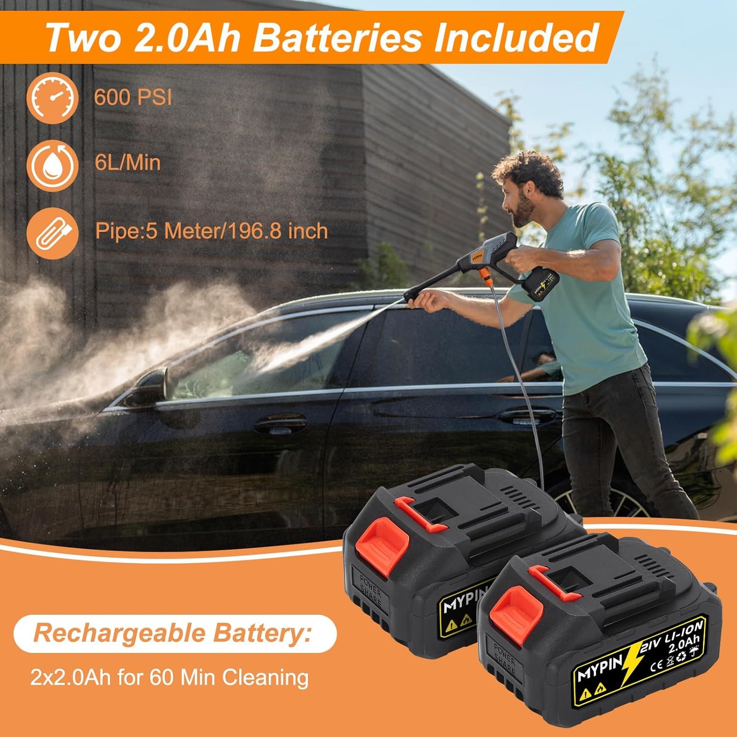Portable Cordless Pressure Washer 600 PSI 21V w/ 2 Batteries & 6-in-1 Nozzle