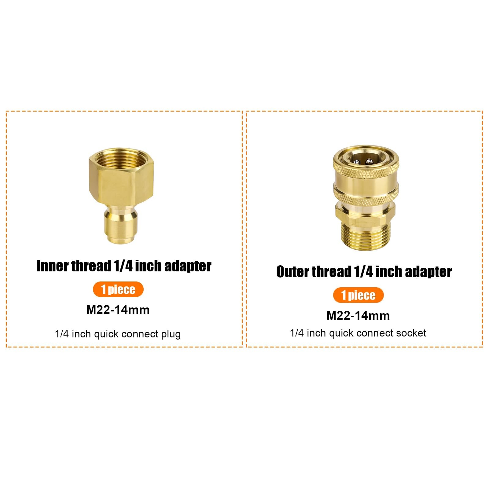 Pressure Washer Adapter Set M22 14mm To 1/4 Inch Coupler Brass 5000 PSI 2 PCS