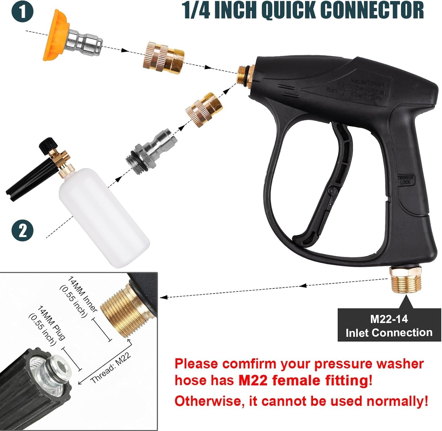 Short Pressure Washer Gun & Foam Cannon Kit, 5 Nozzle Tips, M22-14mm, 2000 PSI