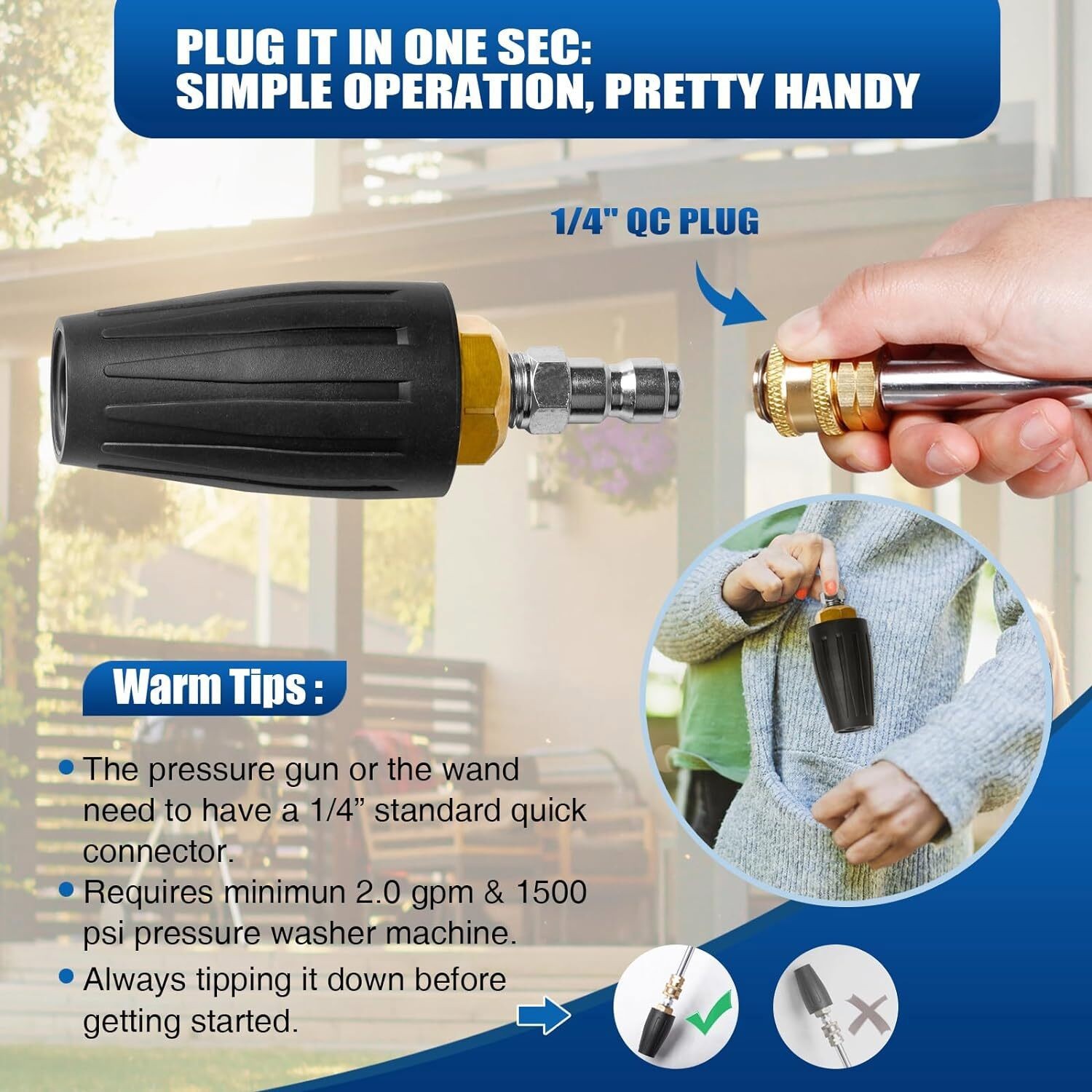 4.0GPM Pressure Washer Rotating Brass Turbo Nozzle Spray Tip 4000PSI 1/4″ Quick