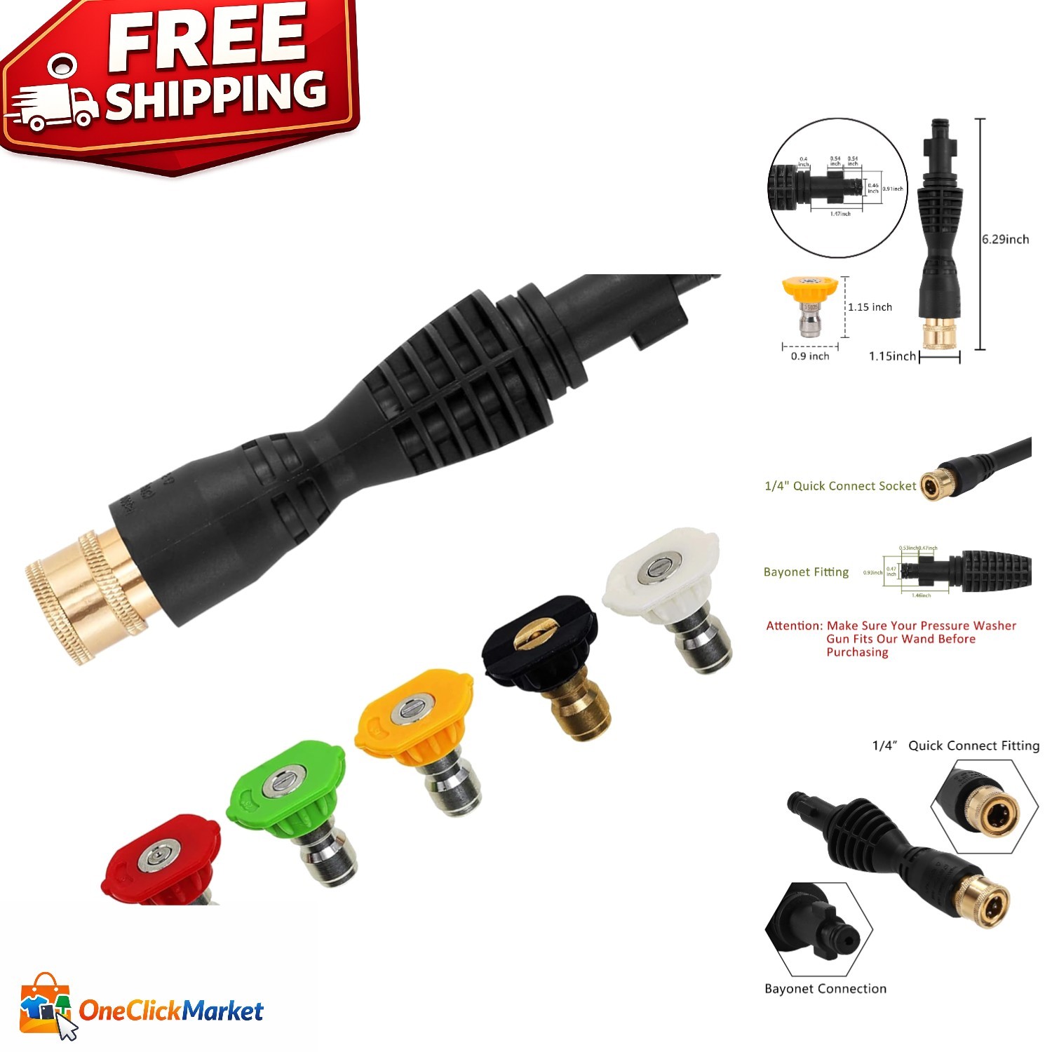Pressure Washer Adapter Kit – 1/4″ Quick Connect, 5 Color-Coded Nozzles