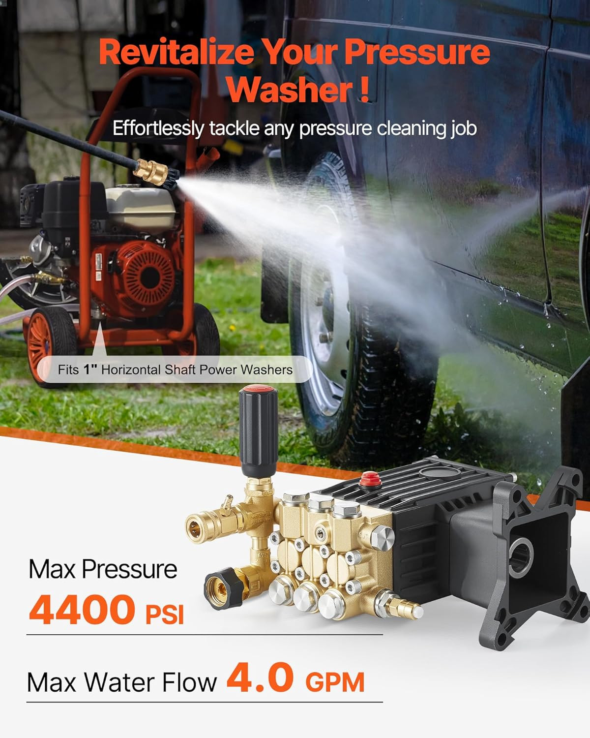 Pressure Washer Pump, 1″ Shaft Horizontal Triplex Plunger, 3600 PSI, 3.7 GPM, Re