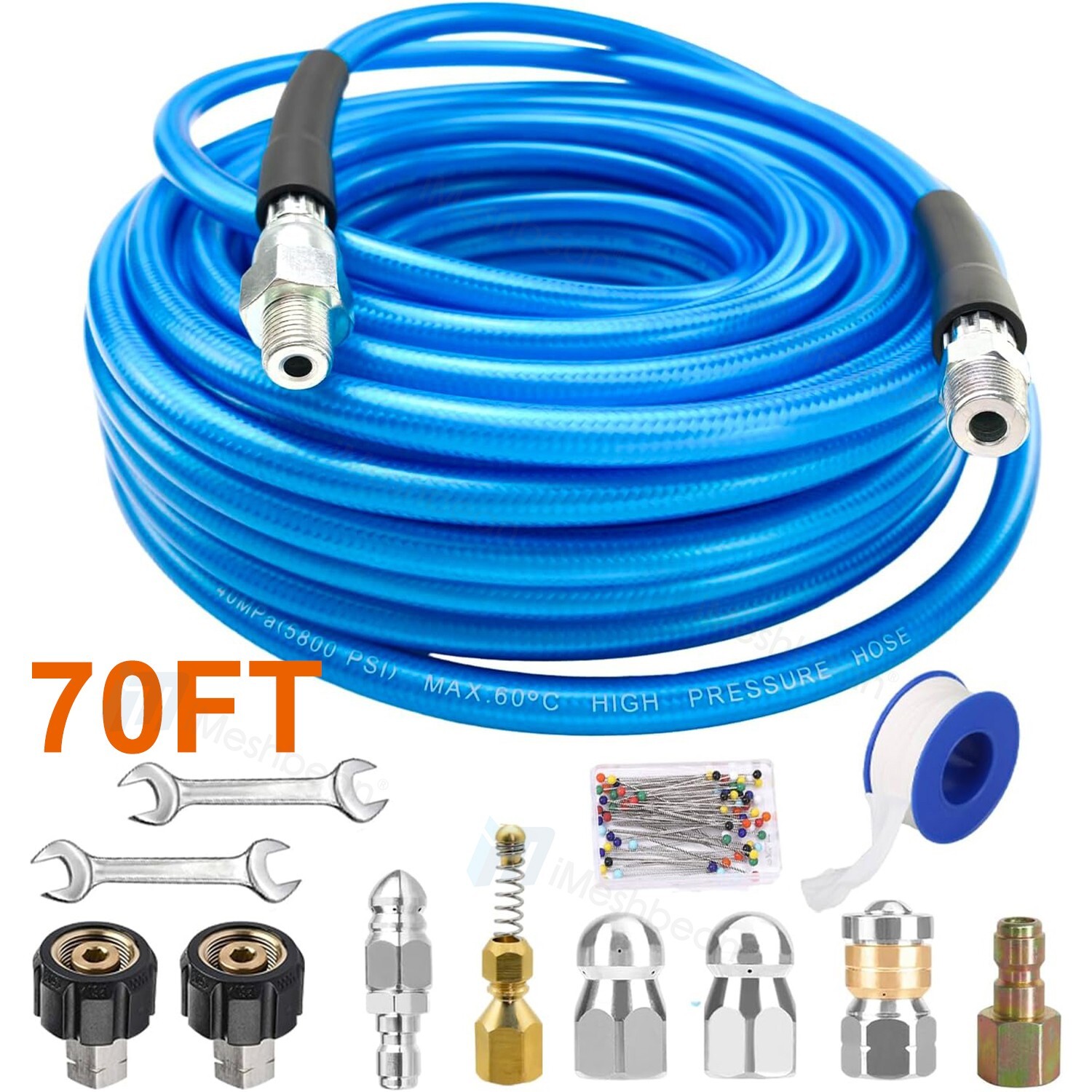 Sewer Line & Drain Jetter Kit 1/4″ x 70FT Hose+ Sewer Nozzle M22 Adapter 5800PSI
