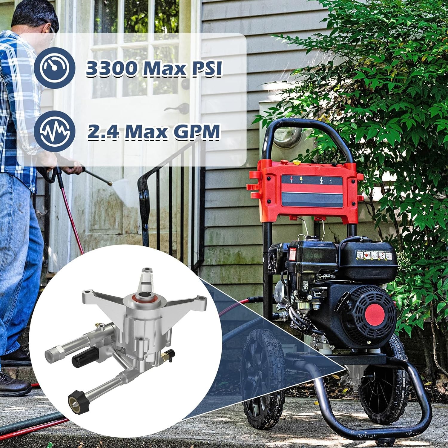 7/8″ Shaft Vertical Pressure Washer Pump Head Max 3300PSI Replacement Power