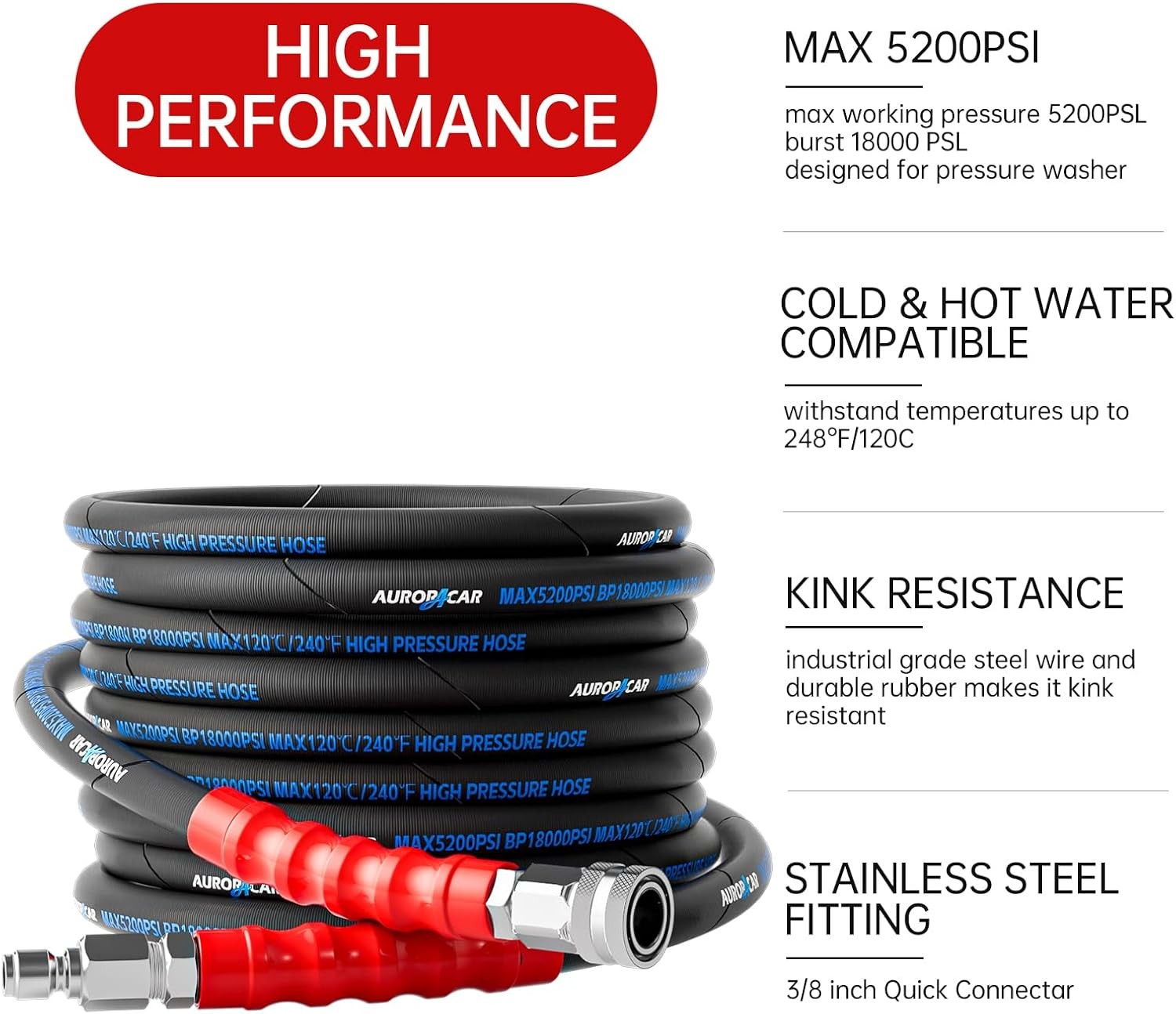 5200PSI 3/8″ Pressure Washer Hose 25FT with M22-14mm Quick Connect Kit