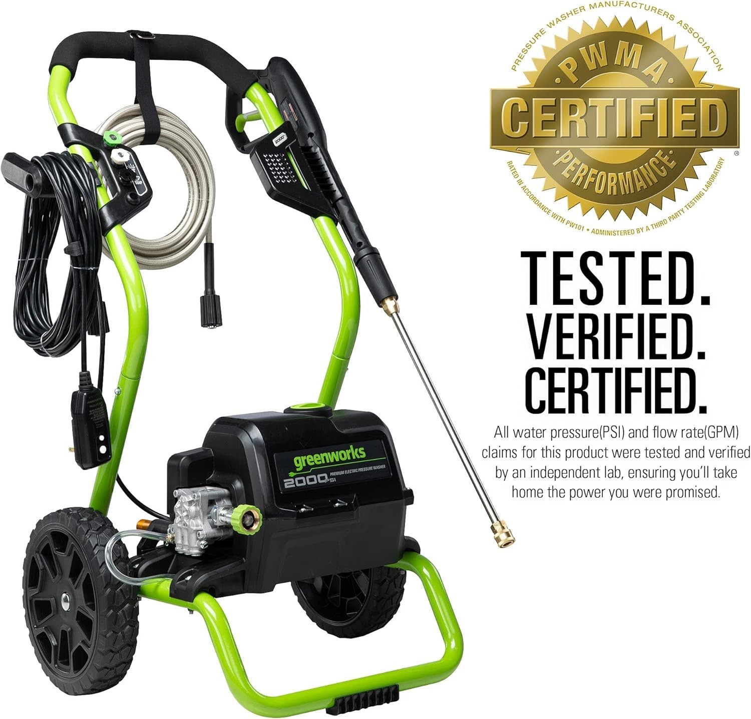 Greenworks 2000 PSI Electric Pressure Washer 20Ft Hose 35 Ft Cord 3 Nozzles