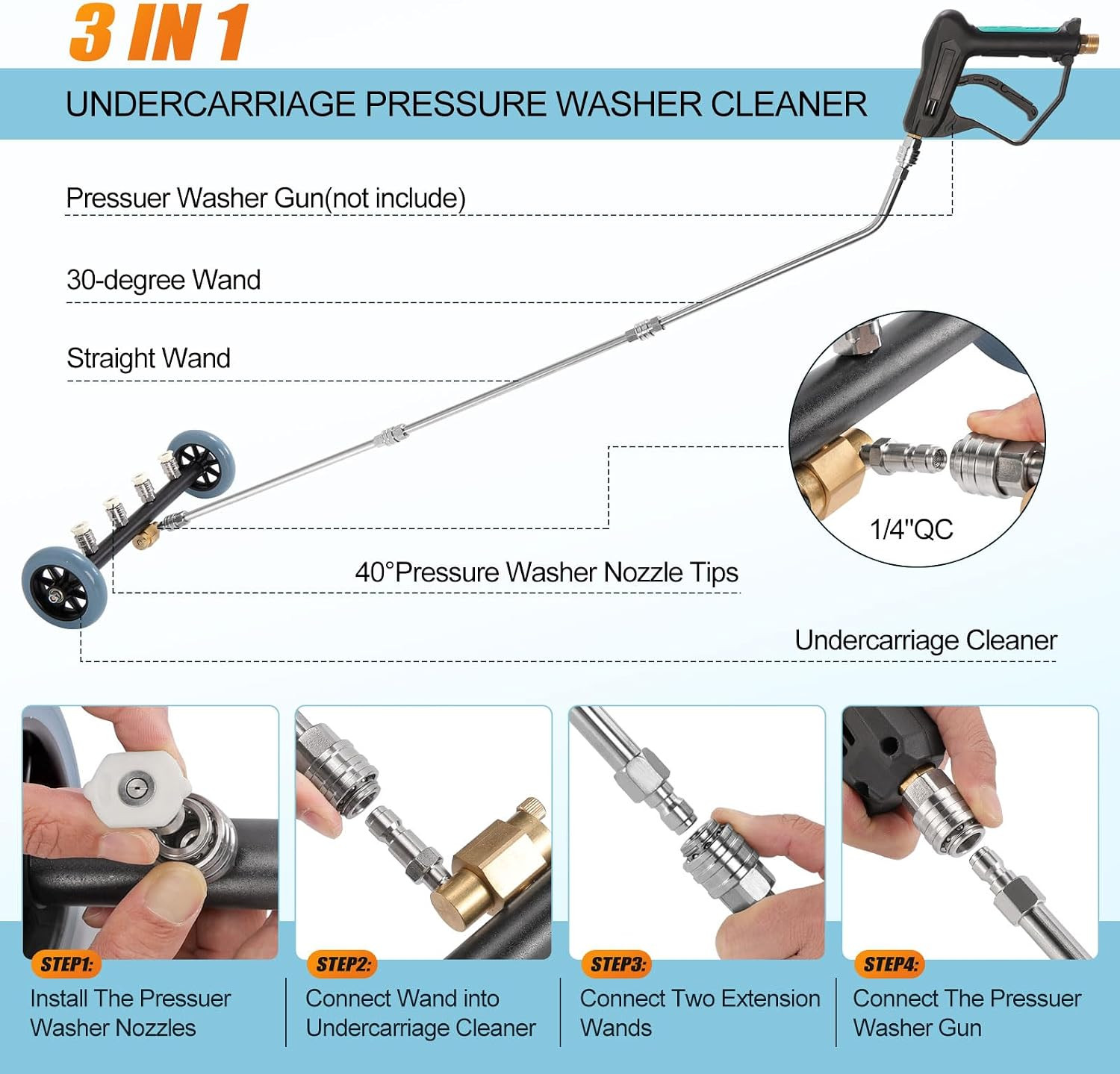 3-In-1 under Carriage Pressure Washer, 16 Inch Pressure Washer Water Broom | Pre