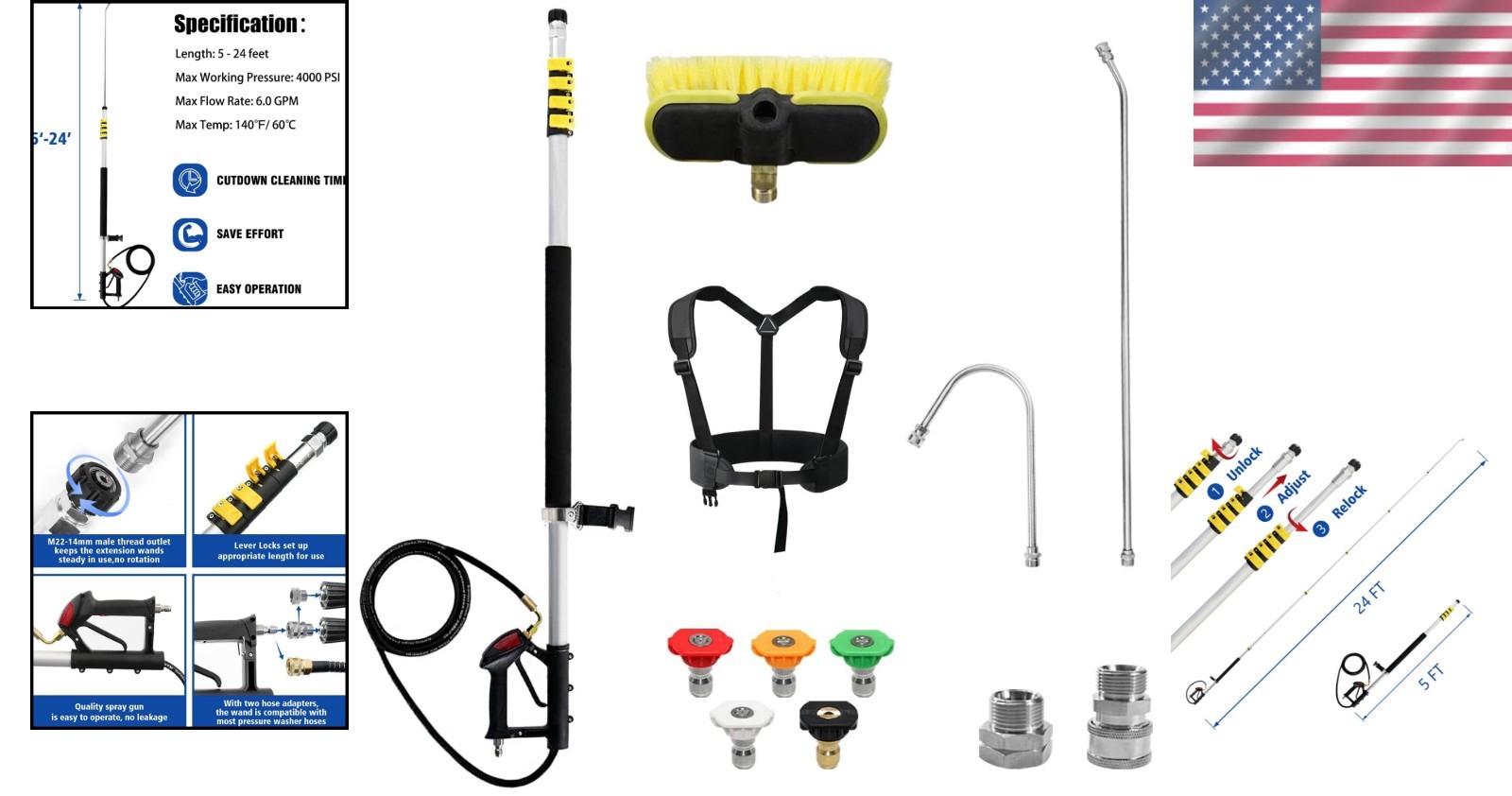 Maximize Cleaning : 24FT Pressure Washer Extension Wand with 5 Spray Tips