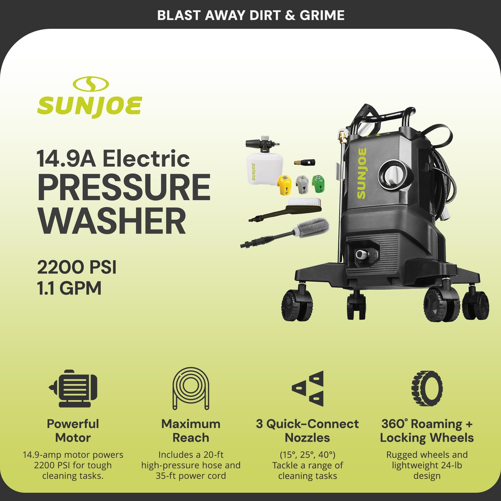 Sun Joe Electric Pressure Washer, 2200 PSI, 1.1 GPM, 14.9-Amp Motor, Quad-Wheel
