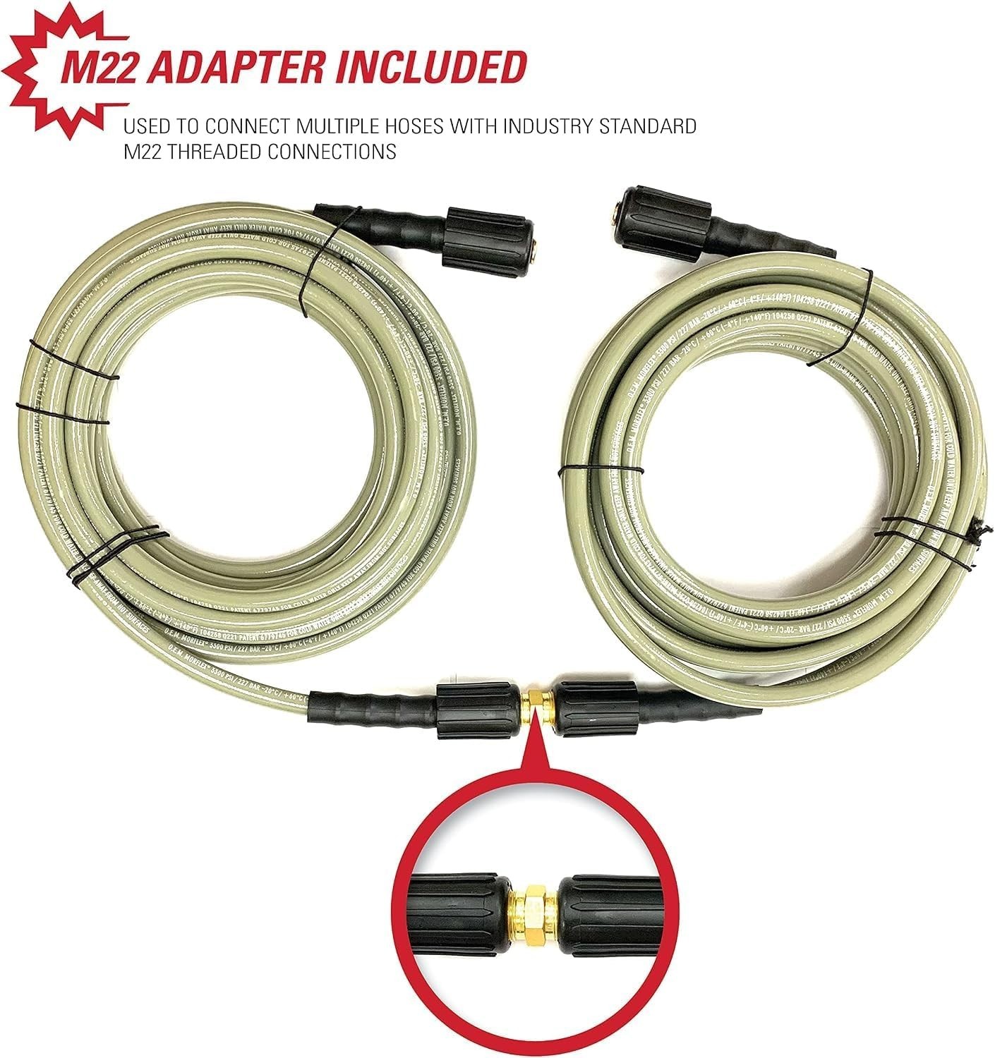 Durable 25-Foot 3300 PSI Pressure Washer Hose with M22 Connections for Easy Use