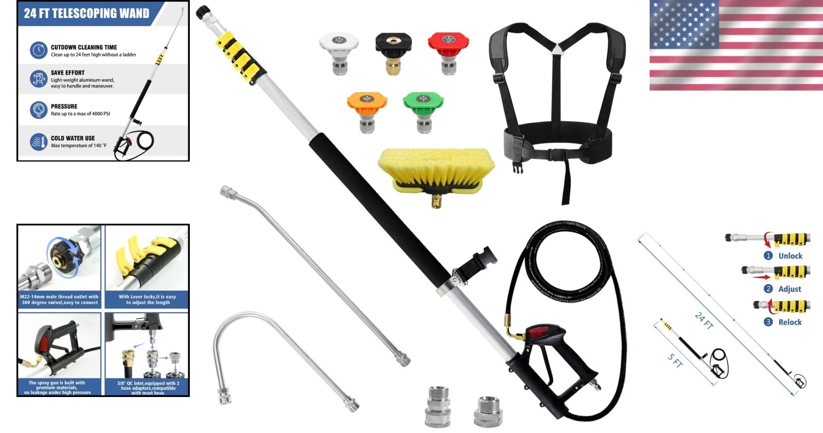 24 Feet Aluminum Pressure Washer Extension Wand with Gutter Cleaner Attachment