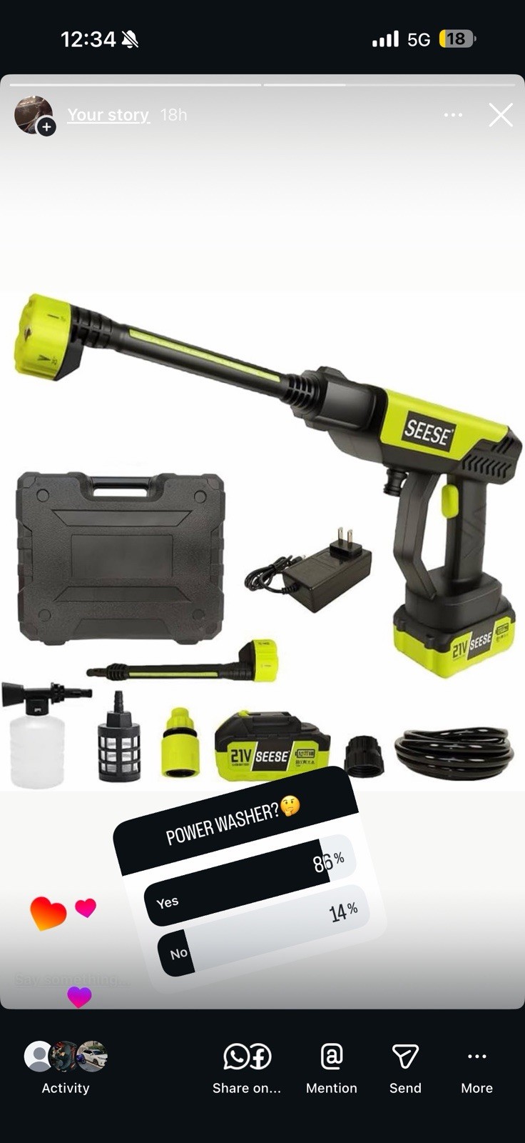SEESE 21V Cordless Cold Water Pressure Washer Kit w/ Battery, Charger, Hose