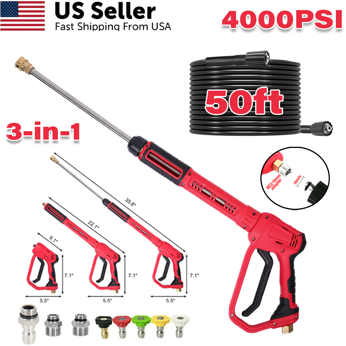 High Pressure 4000PSI Car Power Washer Gun Spray Wand Lance Nozzle and Hose Kit