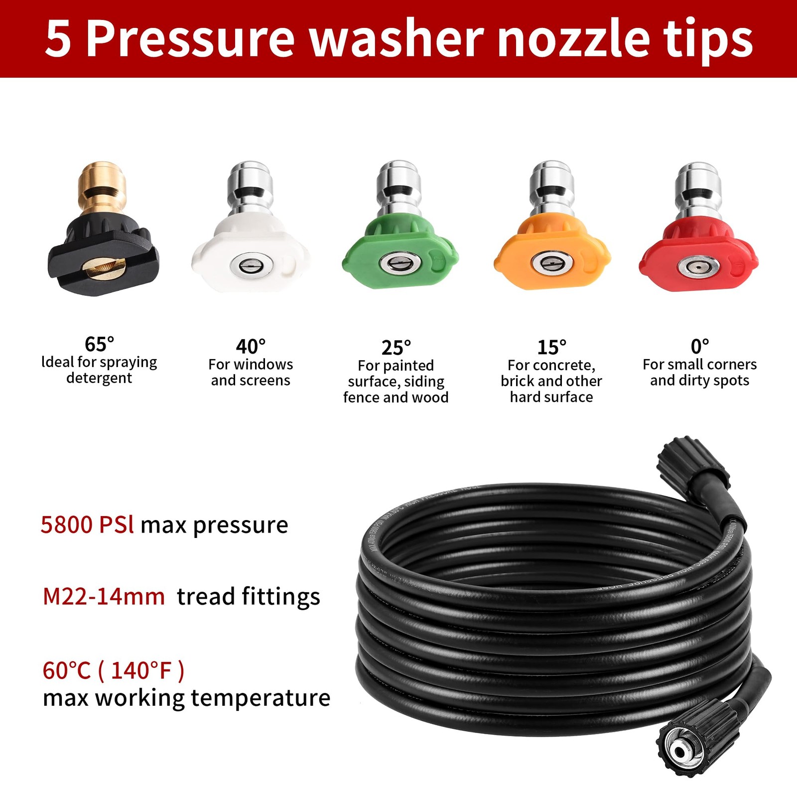 Pressure Washer Gun with 15in Extension Wand & 25FT Hose, 5 Nozzle Tips Quick…