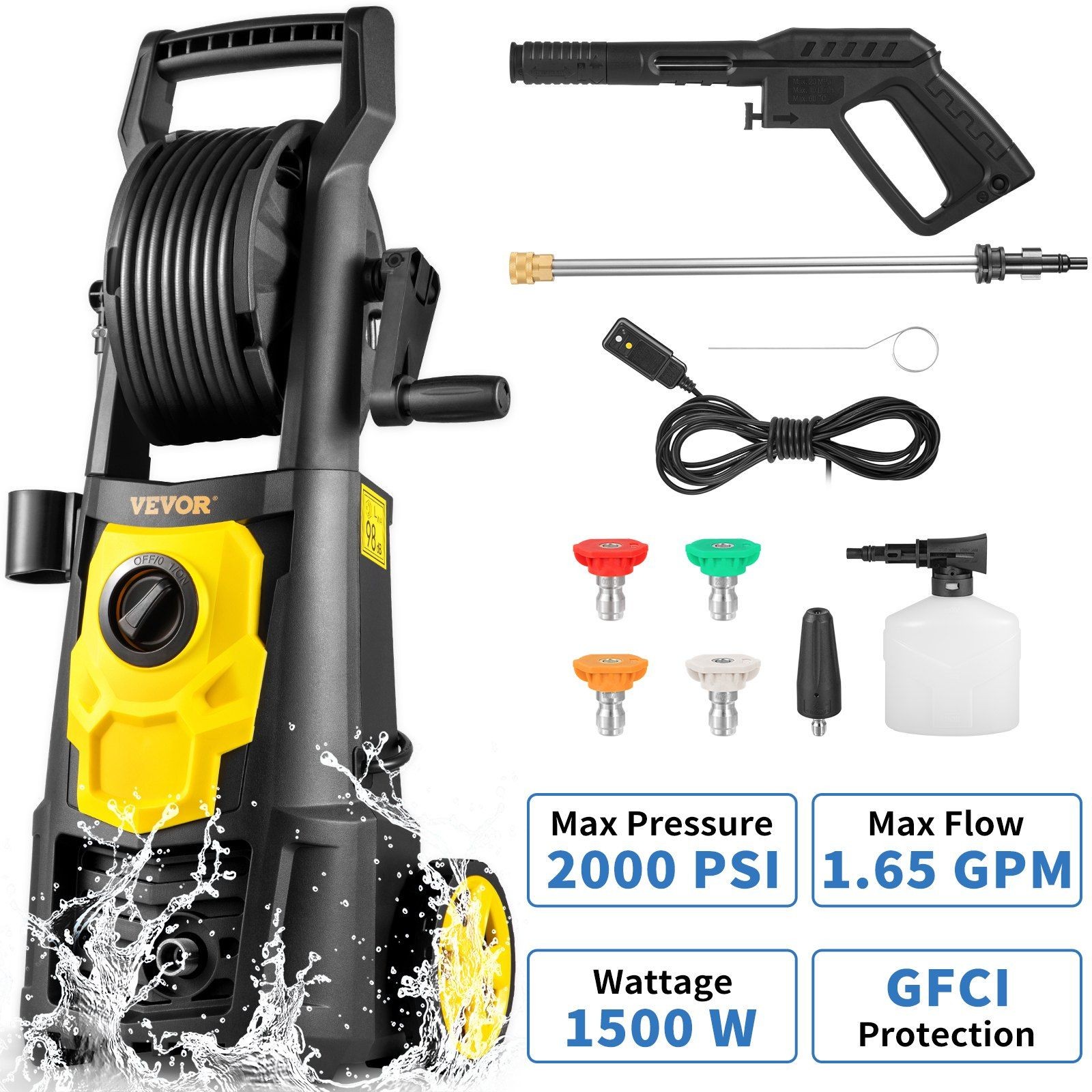 2000PSI 1.65GPM Washer with 30ft High-Pressure Hose and Storage Reel