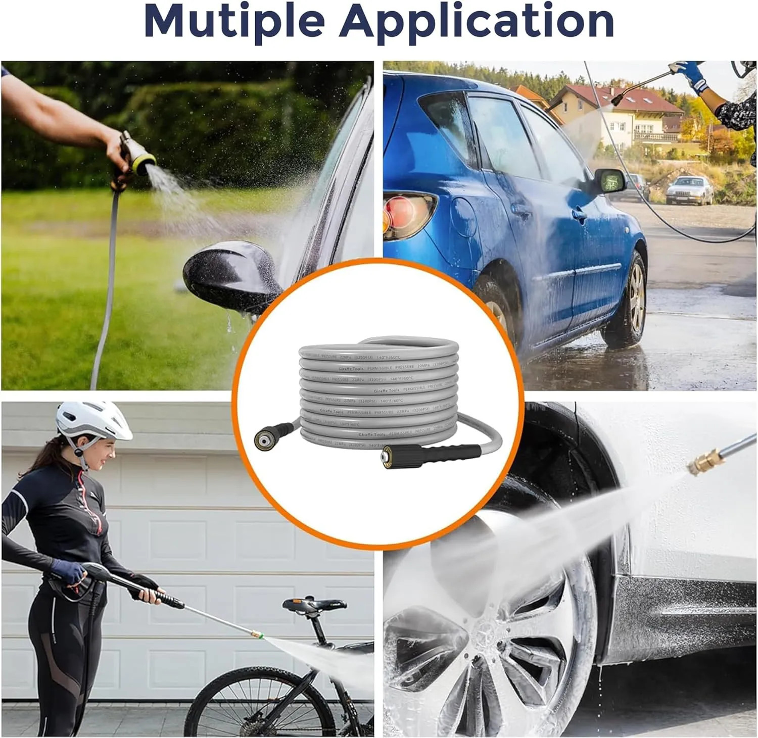 25FT Pressure Washer Hose 3200 PSI 1/4 Inch M22 14mm Fitting With Adapter Sets
