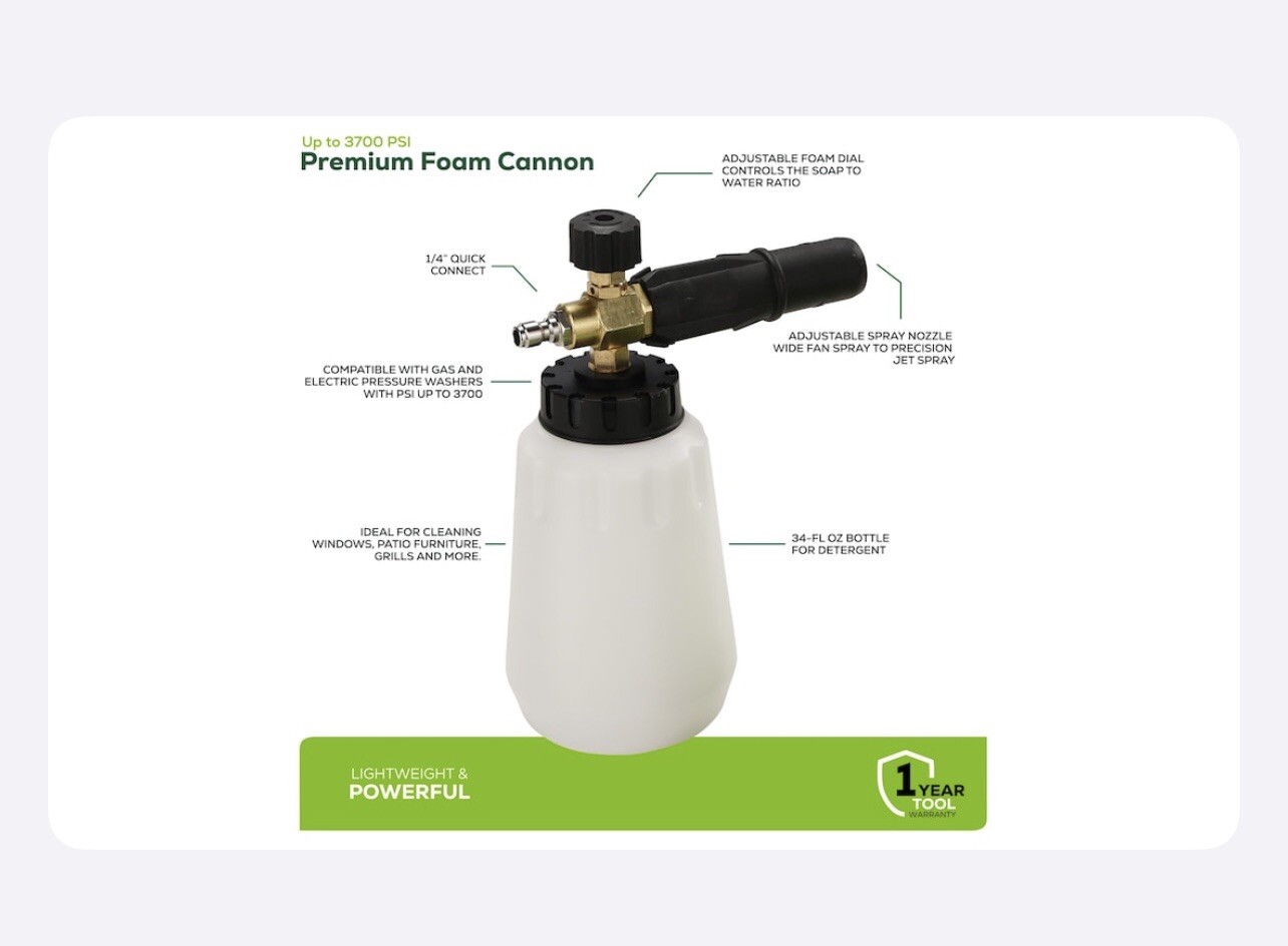 Greenworks Premium up to 3700 PSI 1/4″ Foam Cannon – Quick connect system