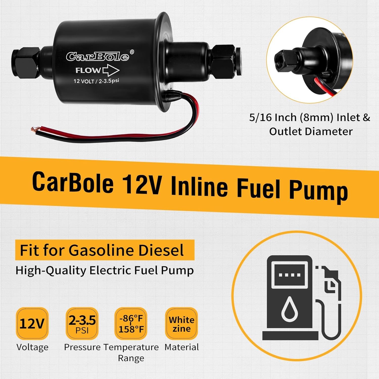 12V Low Pressure Inline Fuel Pump 2-3.5 PSI, Electric Universal Gasoline
