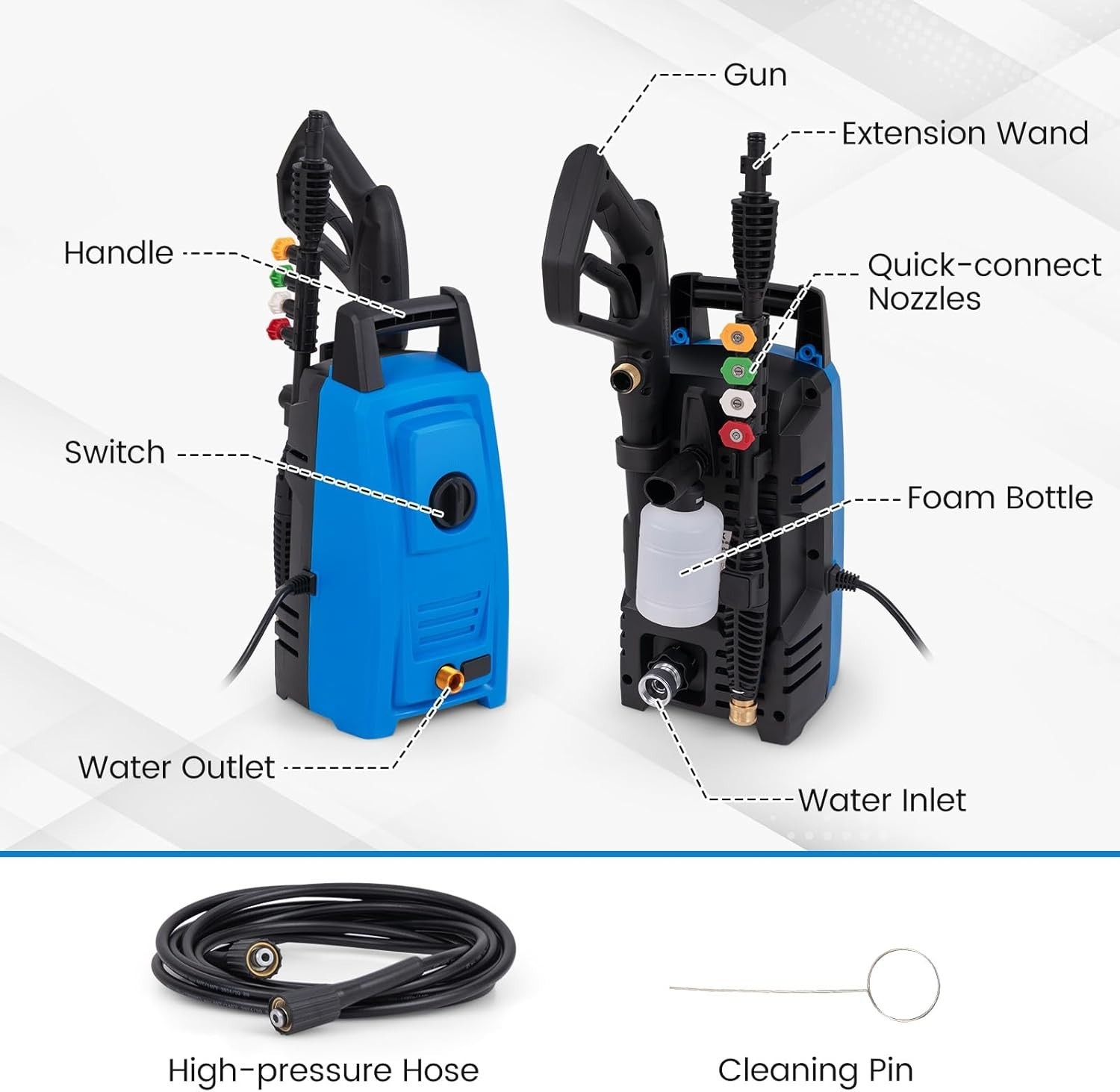Electric Pressure Washer 1900 PSI 1.8 GPM 4 Nozzles Foam Bottle Spray Gun