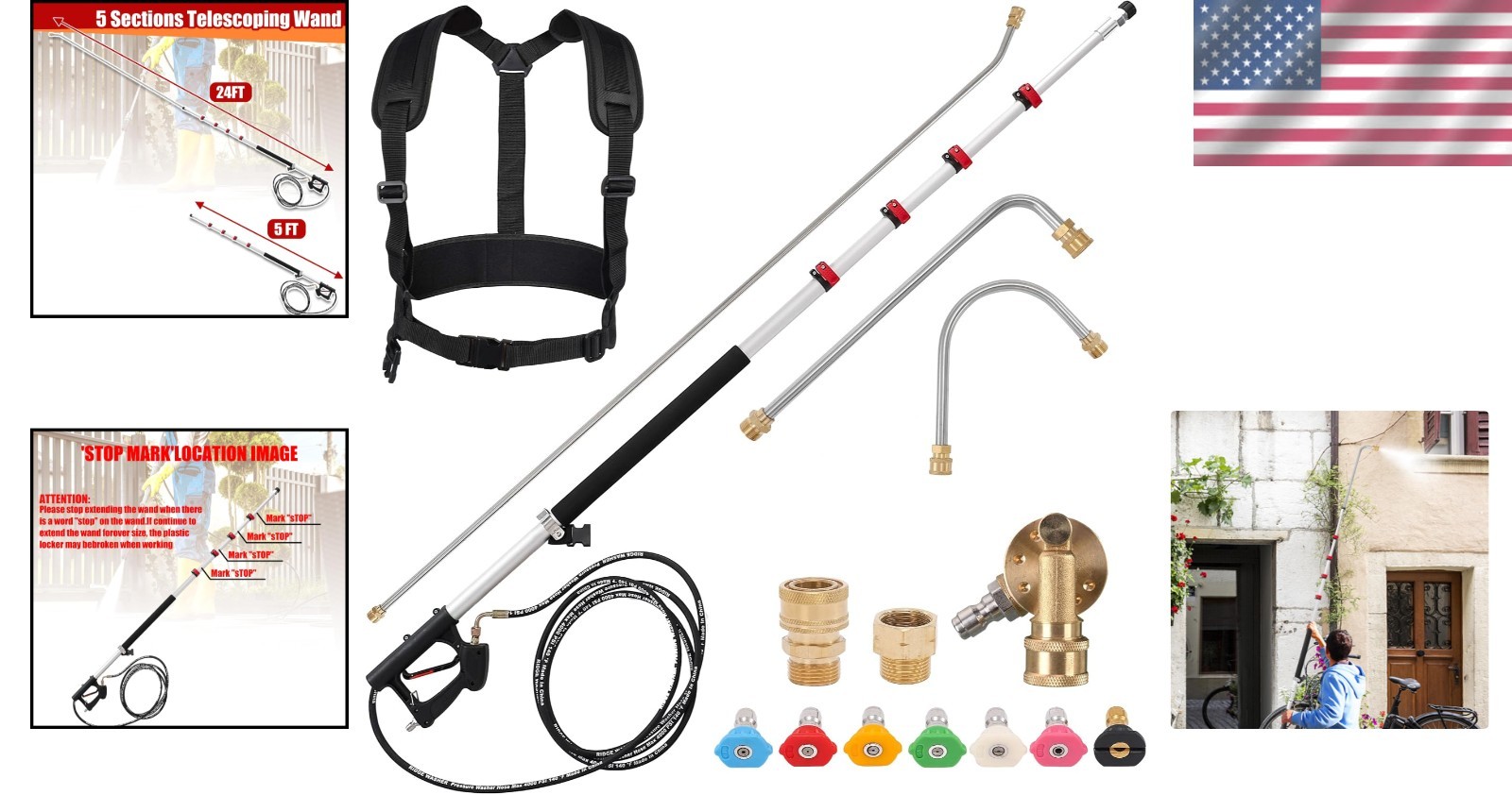 Aluminum Telescoping Pressure Washer Wand 24 Feet with 3 Extension Curved Wands