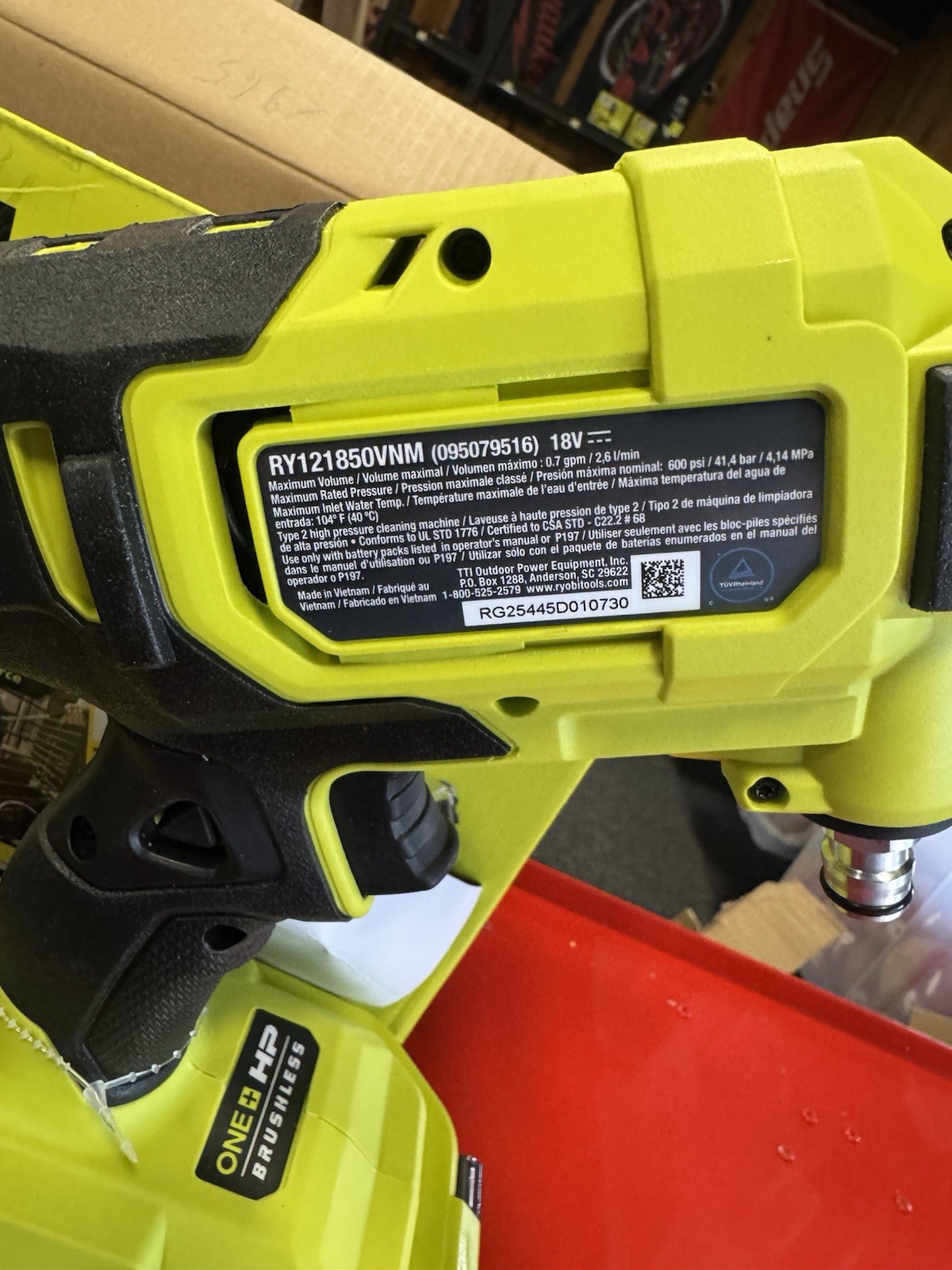 RYOBI HP 18V Brushless EZClean 600 PSI 0.7 GPM Power Cleaner RY121850