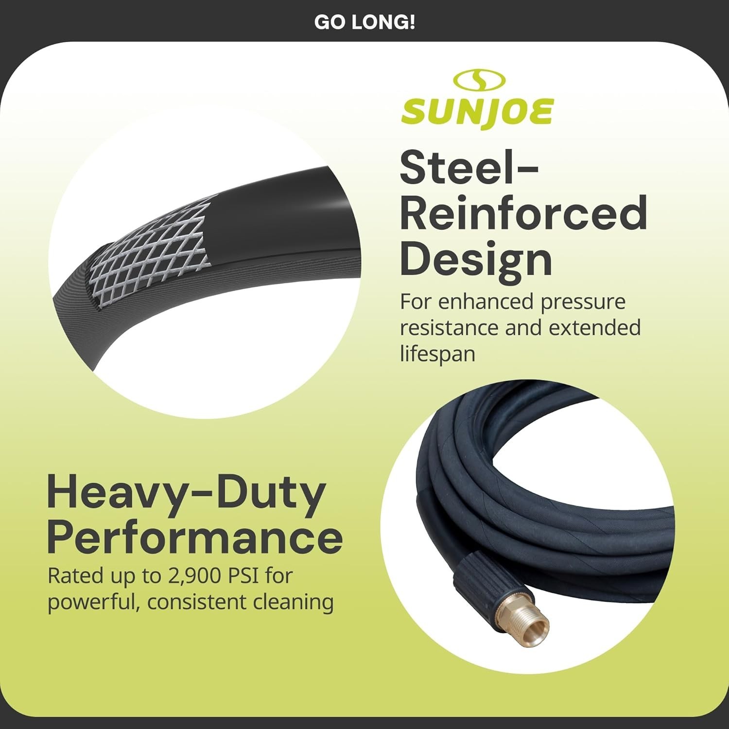 Heavy-Duty 25ft Pressure Washer Hose M22 15mm Swivel Connector Rubber Black